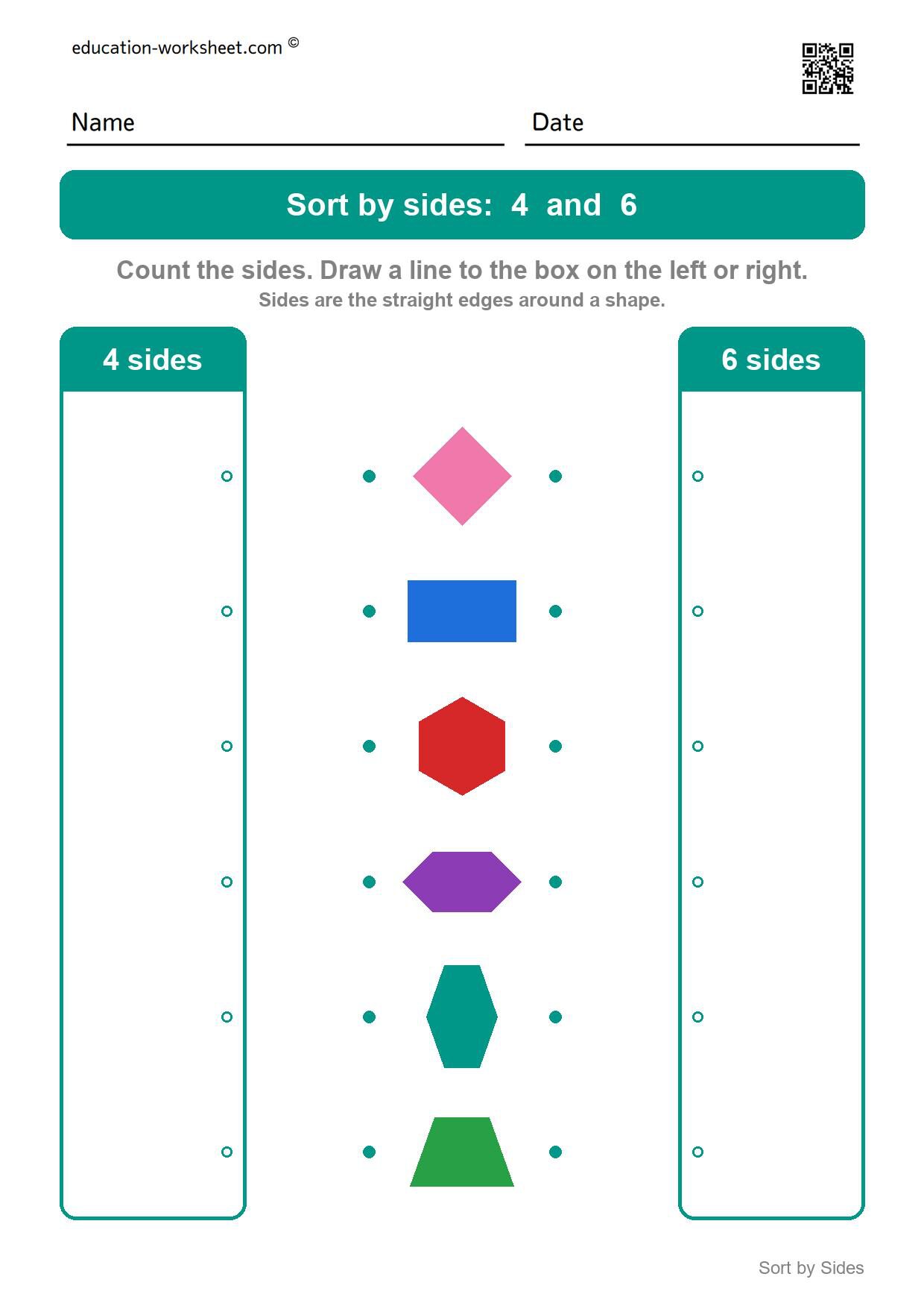Sort shapes by sides: 4 and 6 - Free Sort Shapes by Sides Worksheets for Kindergarten - Count and Classify