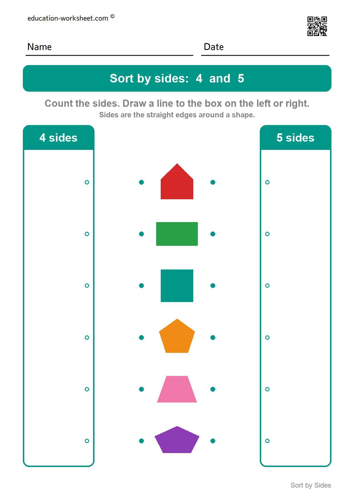 Sort shapes by sides: 4 and 5 - Free Sort Shapes by Sides Worksheets for Kindergarten - Count and Classify