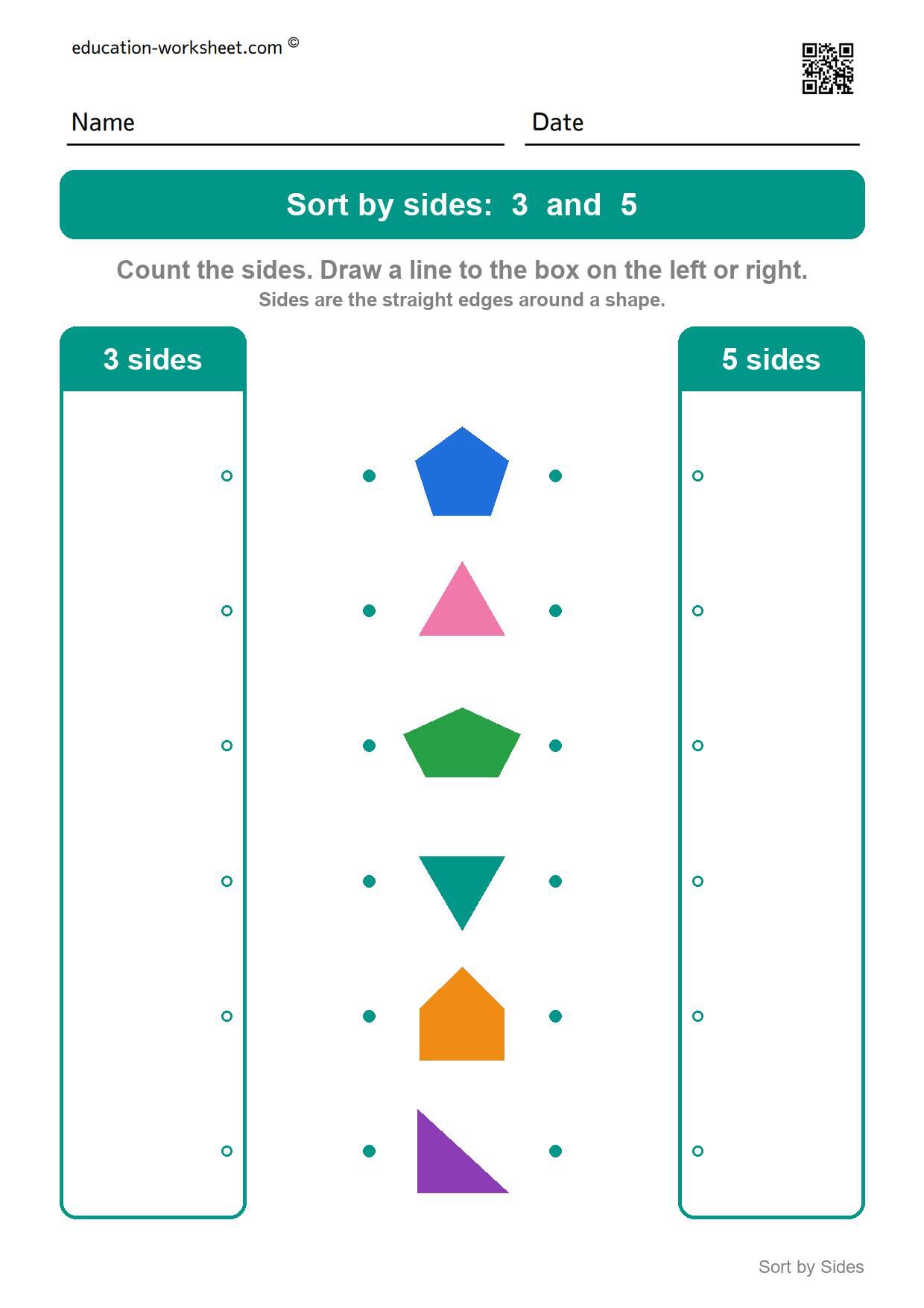 Sort shapes by sides: 3 and 5 - Free Sort Shapes by Sides Worksheets for Kindergarten - Count and Classify