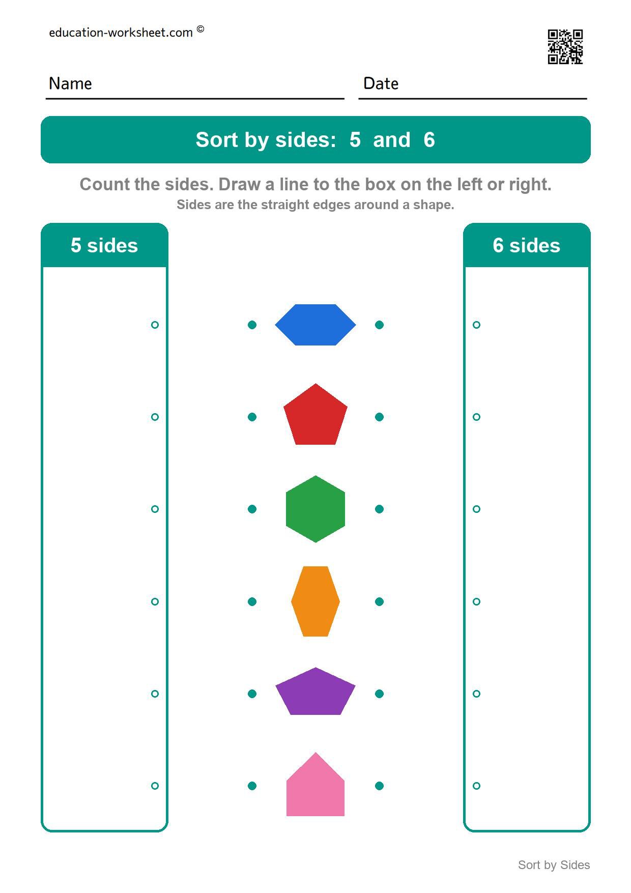Sort shapes by sides: 5 and 6 - Free Sort Shapes by Sides Worksheets for Kindergarten - Count and Classify
