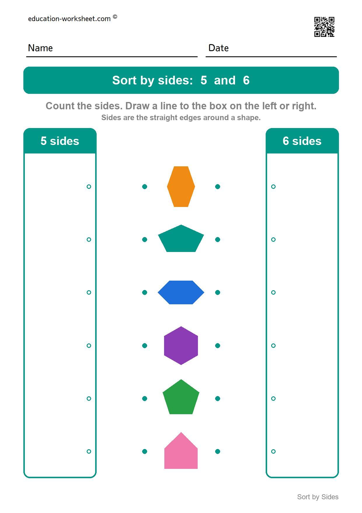 Sort shapes by sides: 5 and 6 - Free Sort Shapes by Sides Worksheets for Kindergarten - Count and Classify
