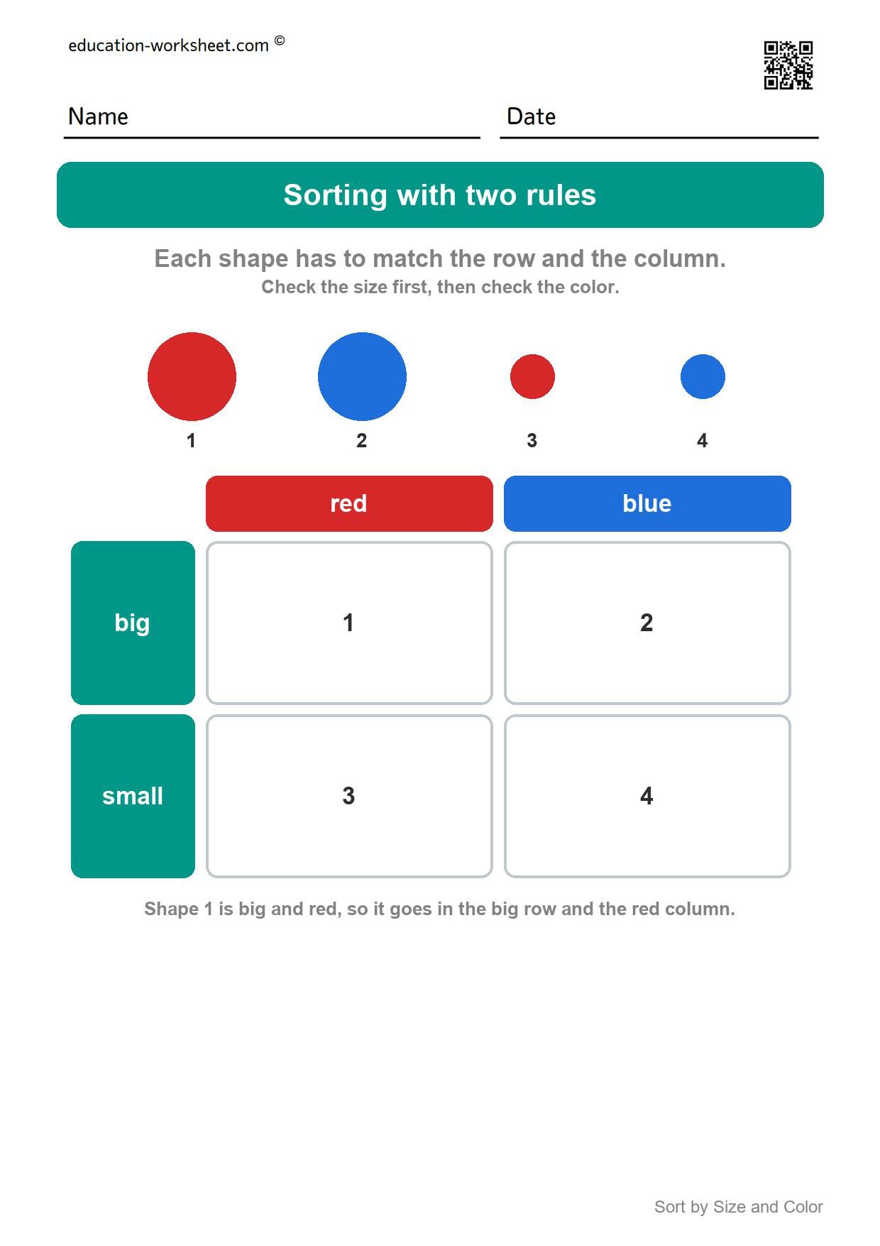 How sorting with two rules works - Free Sort by Size and Color Worksheets for Kindergarten