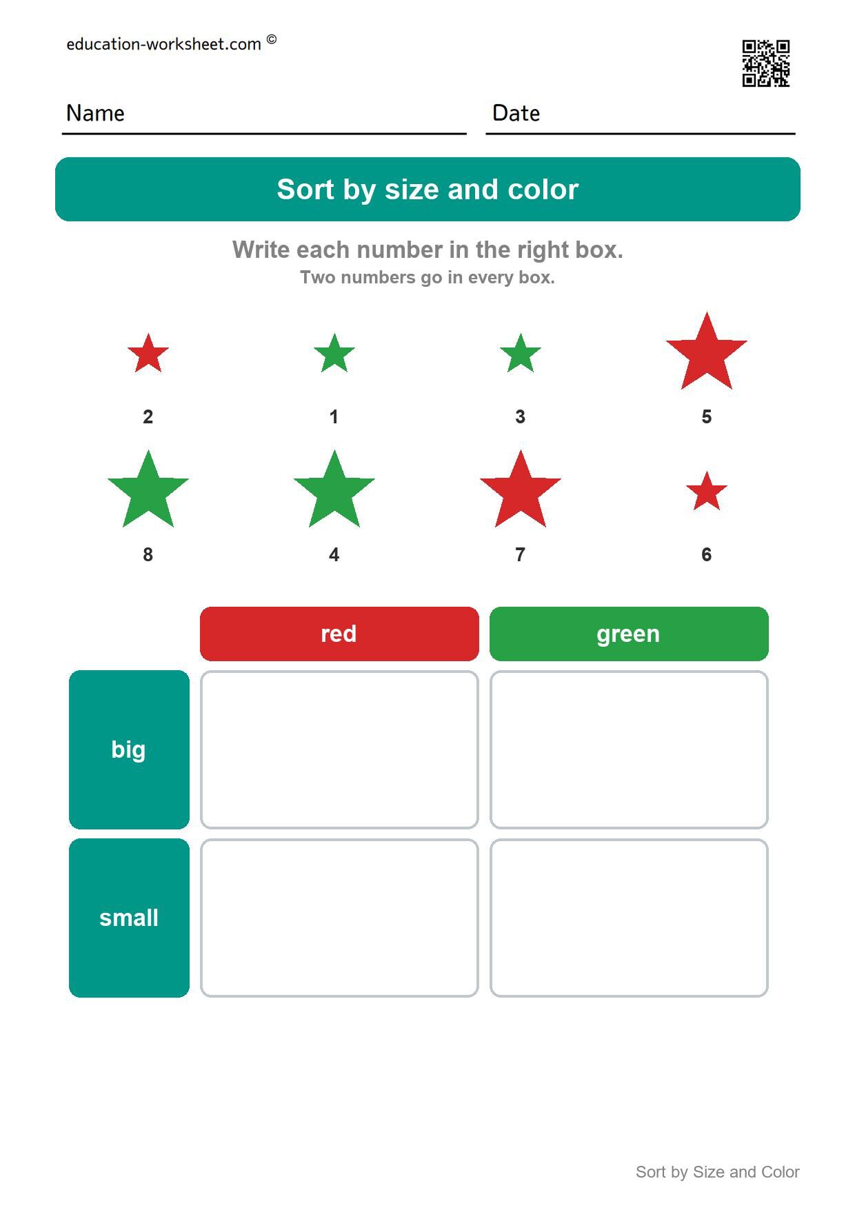 Sort stars by size and color (Set 9) - Free Sort by Size and Color Worksheets for Kindergarten