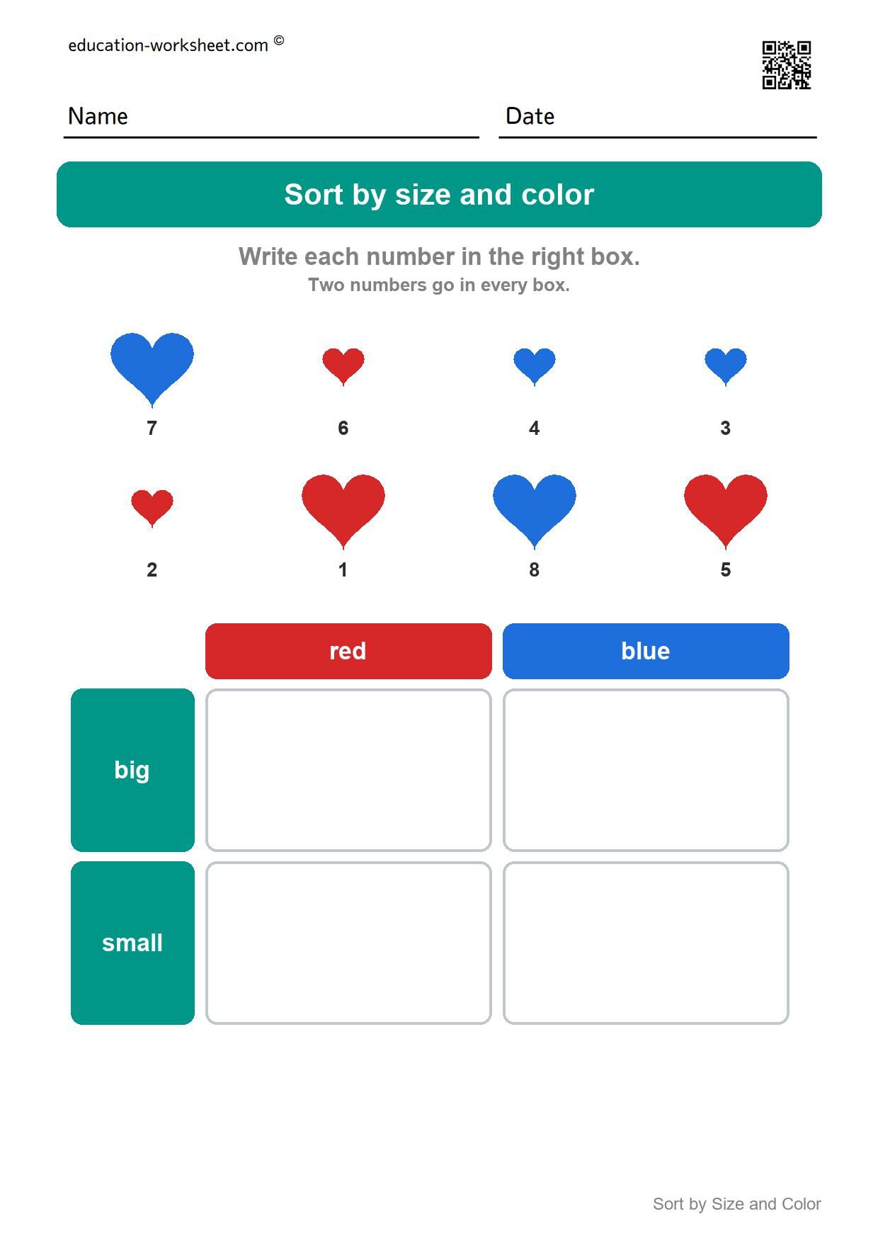 Sort hearts by size and color (Set 10) - Free Sort by Size and Color Worksheets for Kindergarten