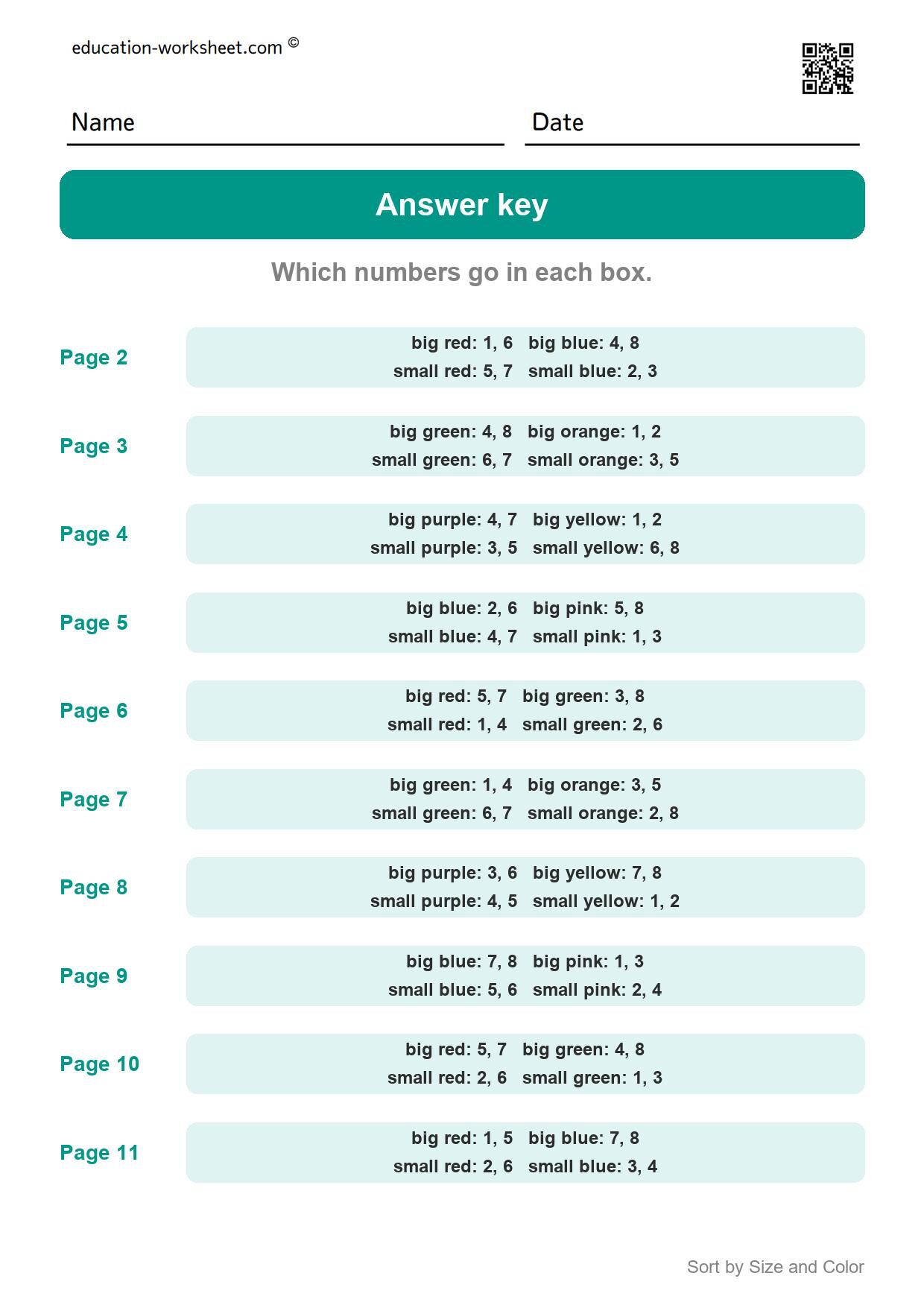Answer key - all 10 pages - Free Sort by Size and Color Worksheets for Kindergarten