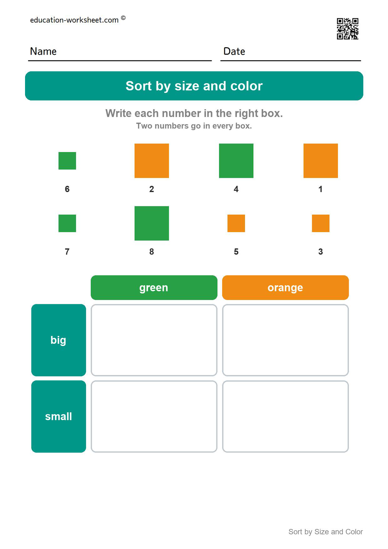 Sort squares by size and color (Set 2) - Free Sort by Size and Color Worksheets for Kindergarten