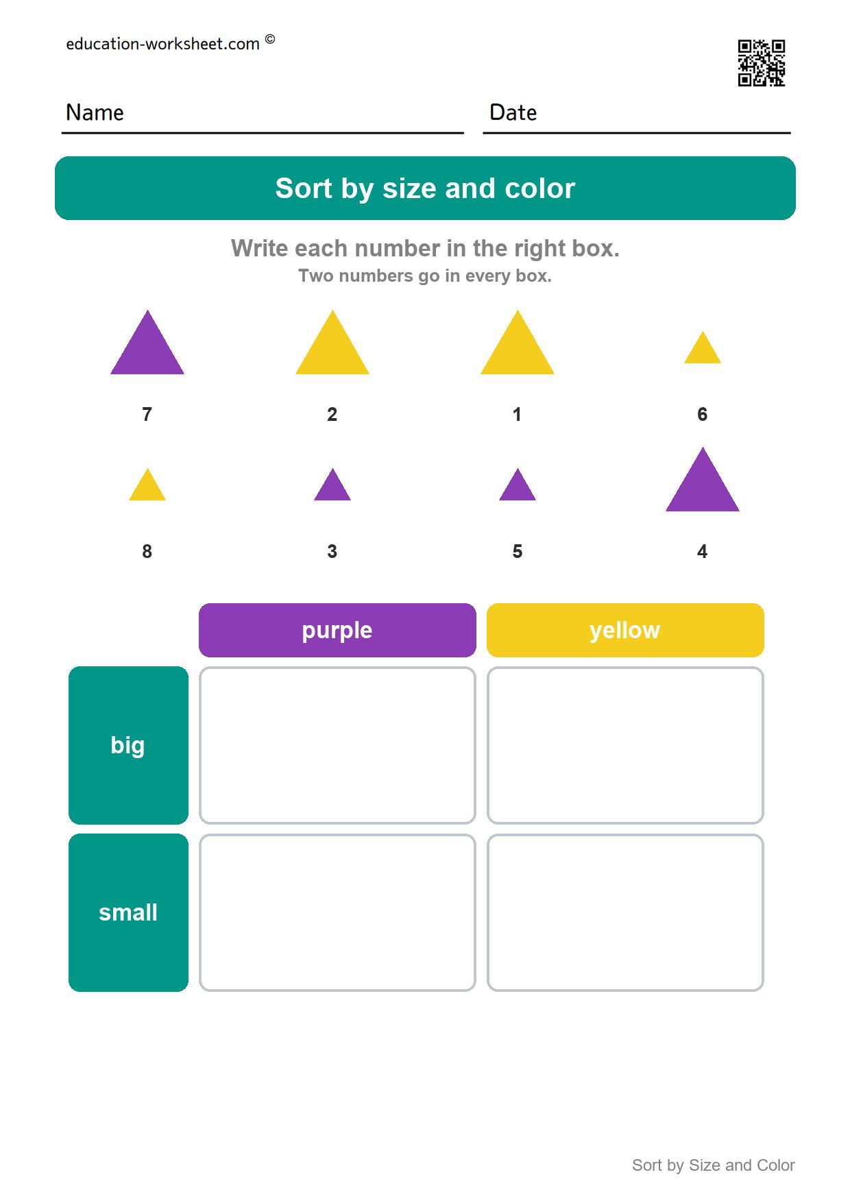 Sort triangles by size and color (Set 3) - Free Sort by Size and Color Worksheets for Kindergarten