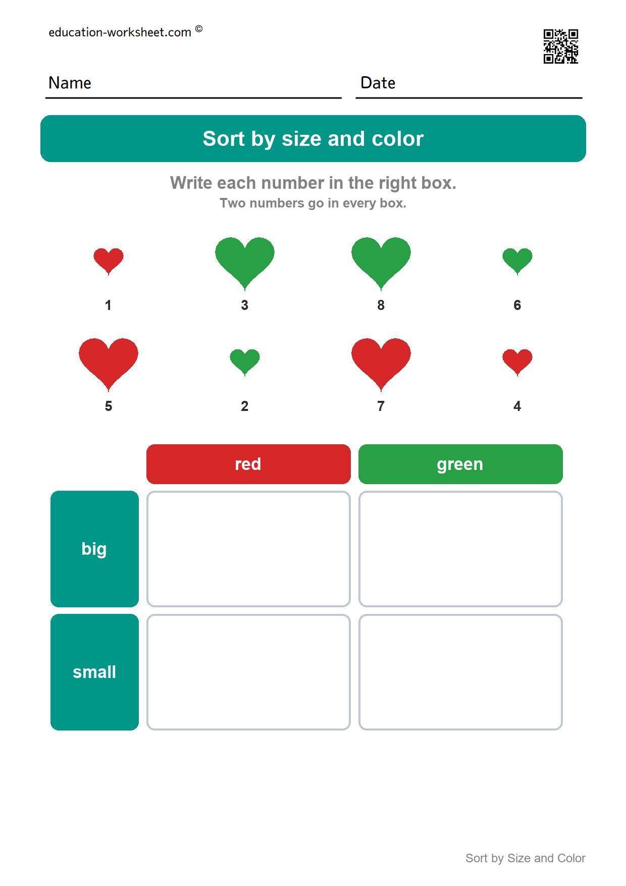 Sort hearts by size and color (Set 5) - Free Sort by Size and Color Worksheets for Kindergarten