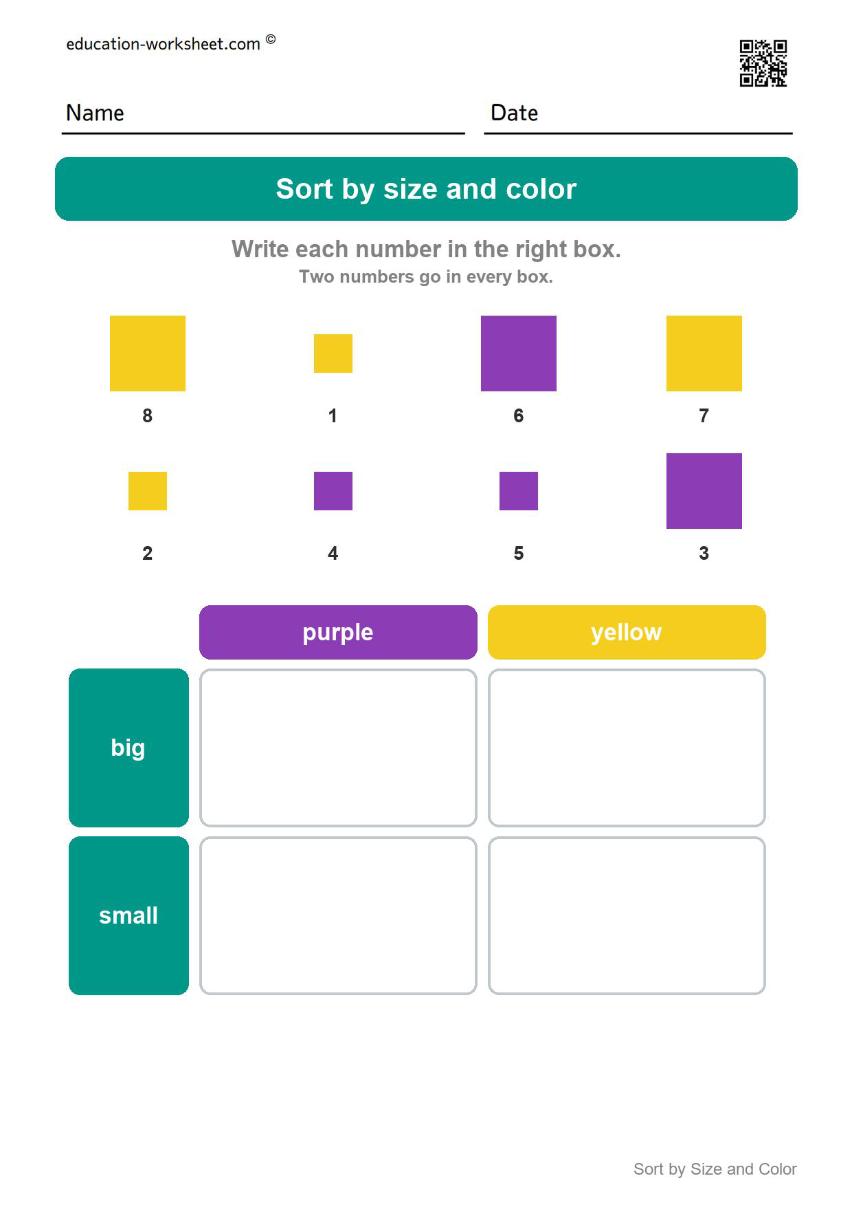 Sort squares by size and color (Set 7) - Free Sort by Size and Color Worksheets for Kindergarten