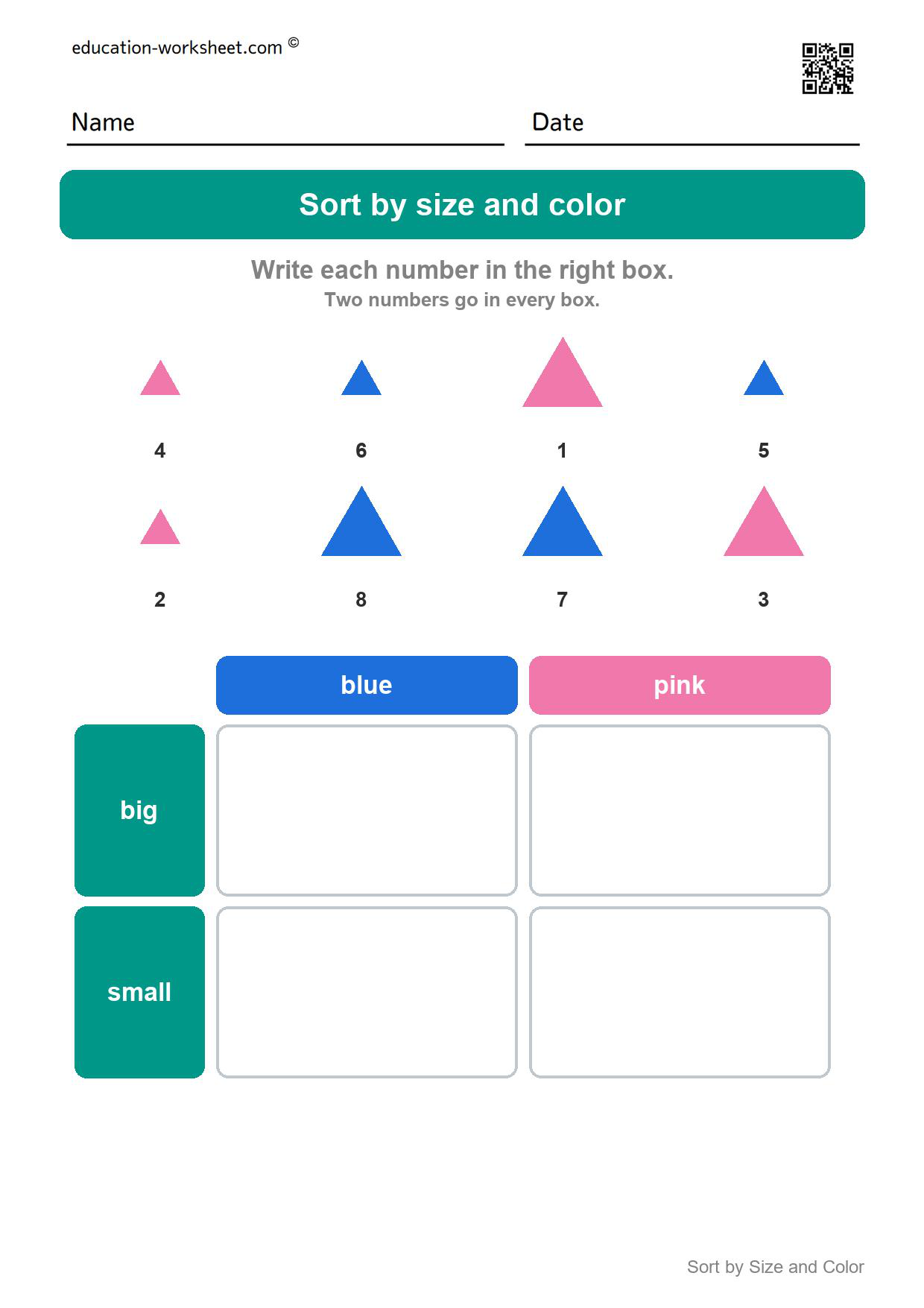 Sort triangles by size and color (Set 8) - Free Sort by Size and Color Worksheets for Kindergarten