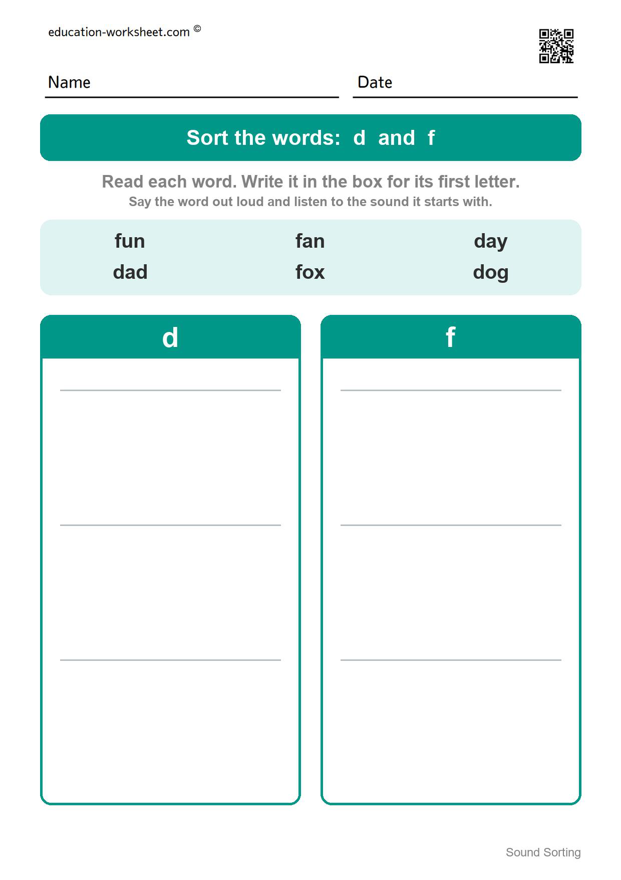Sort words by first sound: d and f - Free Beginning Sound Sorting Worksheets for Kindergarten - Sort Words by First Letter