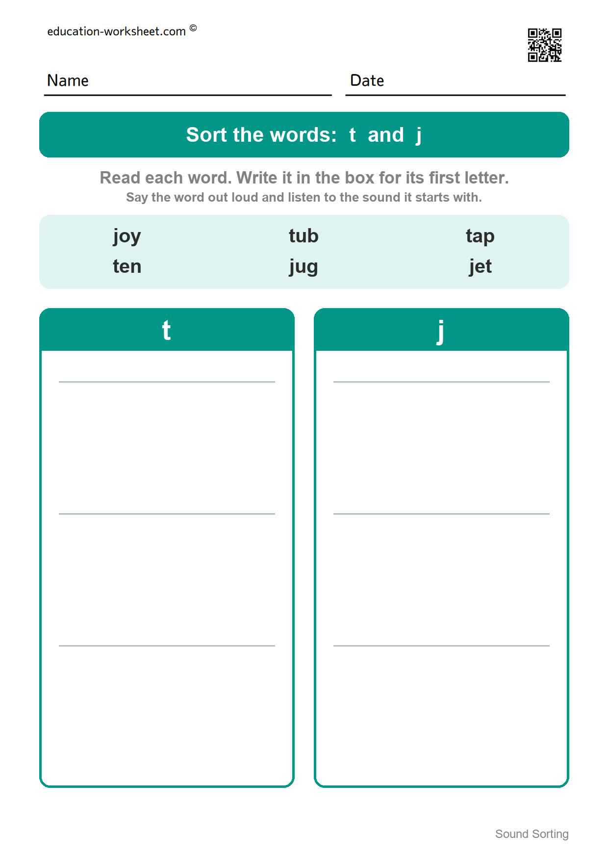Sort words by first sound: t and j - Free Beginning Sound Sorting Worksheets for Kindergarten - Sort Words by First Letter