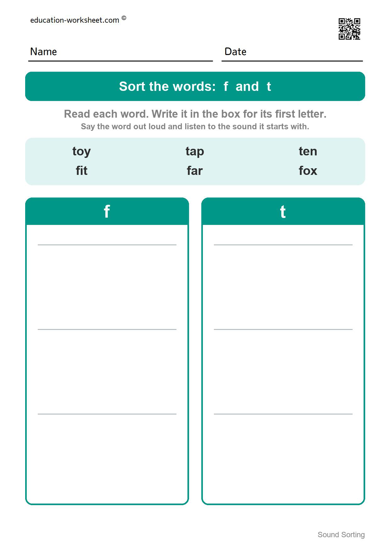 Sort words by first sound: f and t - Free Beginning Sound Sorting Worksheets for Kindergarten - Sort Words by First Letter