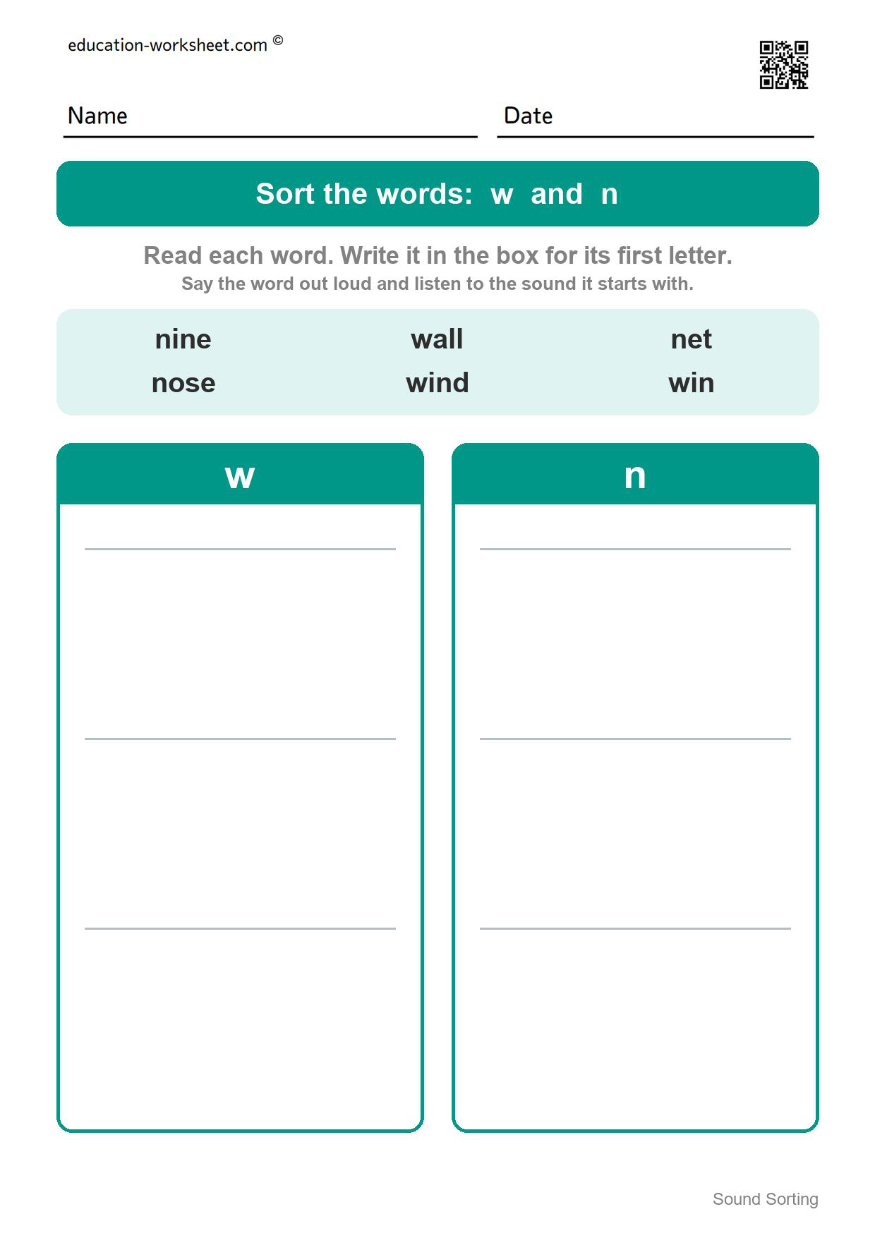 Sort words by first sound: w and n - Free Beginning Sound Sorting Worksheets for Kindergarten - Sort Words by First Letter