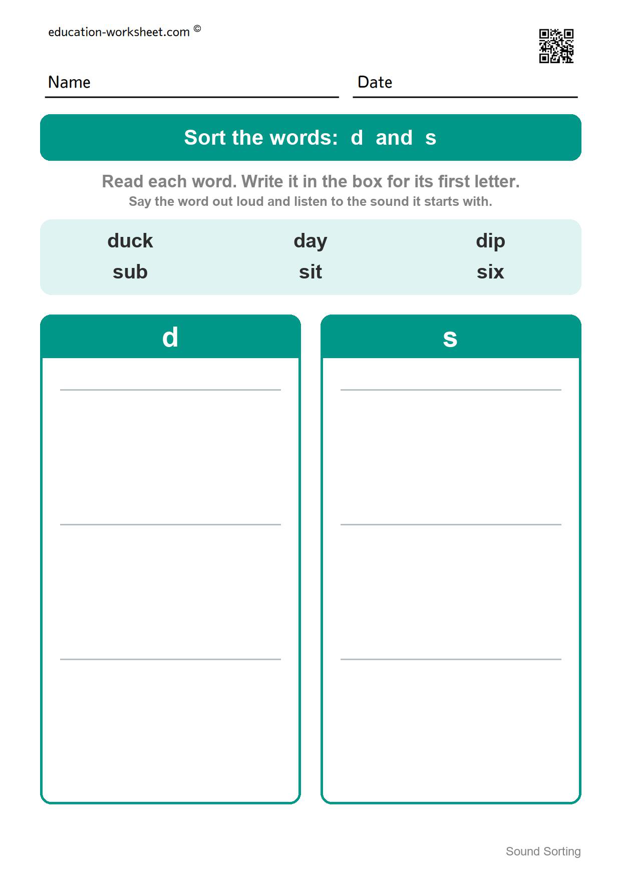 Sort words by first sound: d and s - Free Beginning Sound Sorting Worksheets for Kindergarten - Sort Words by First Letter