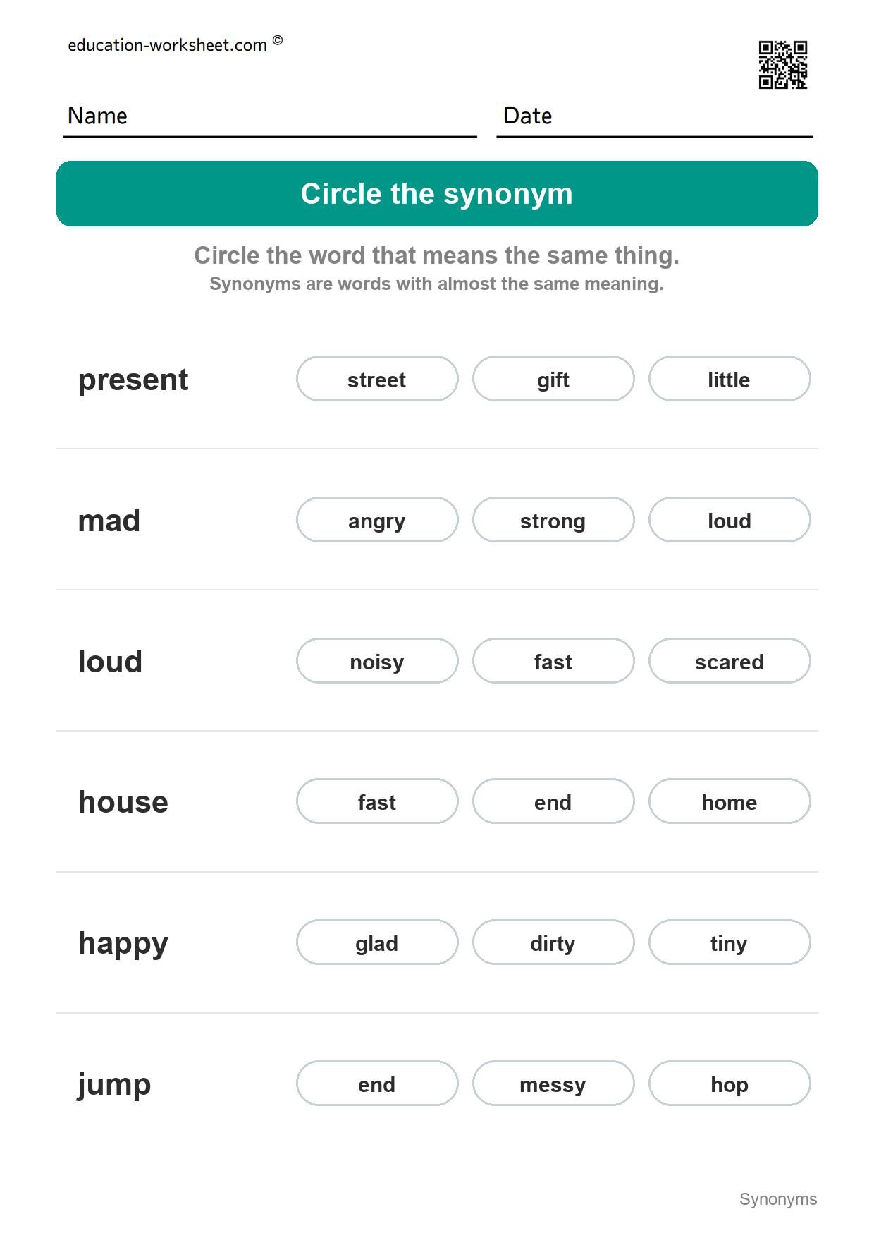 Circle the synonym (Set 1) - Free Synonyms Worksheets for Kindergarten - Same Meaning Words