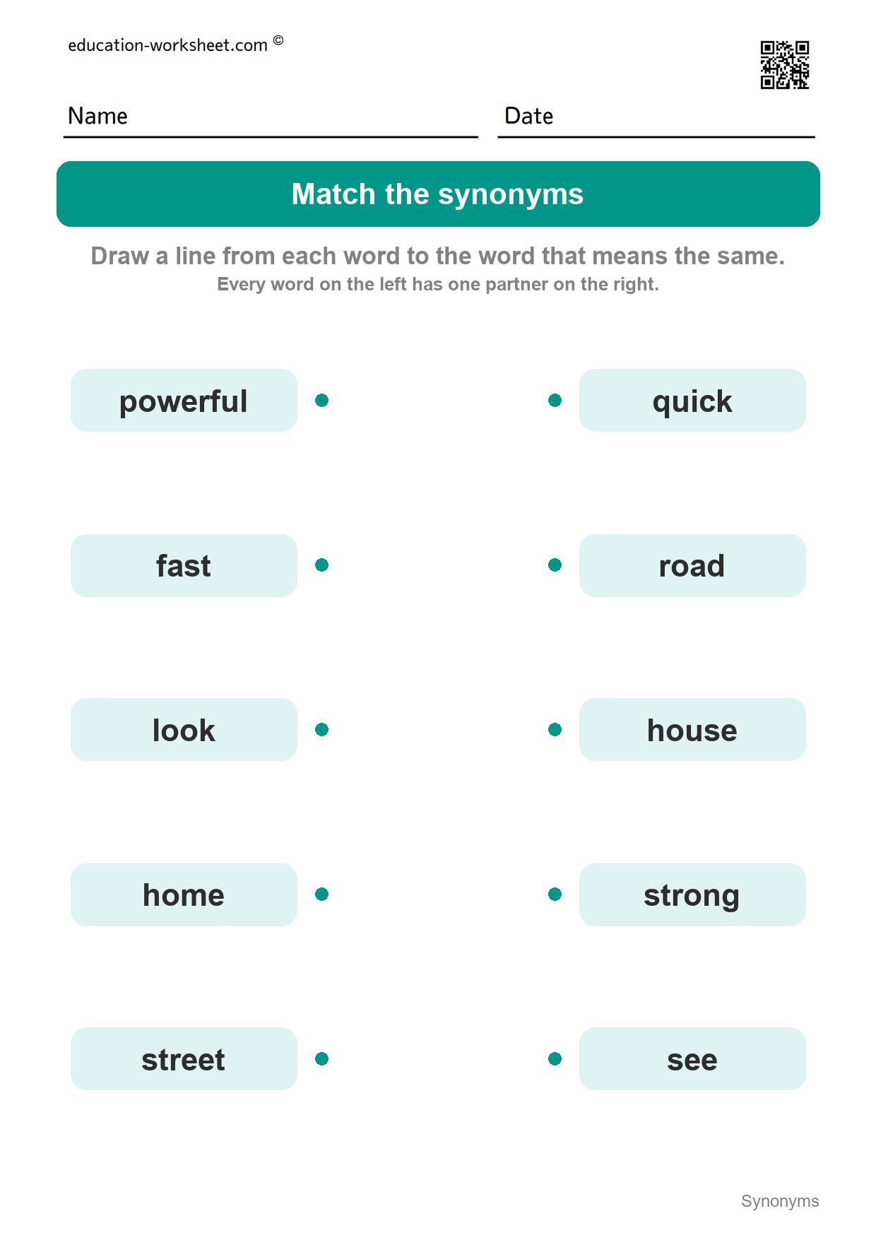 Match the synonyms (Set 10) - Free Synonyms Worksheets for Kindergarten - Same Meaning Words