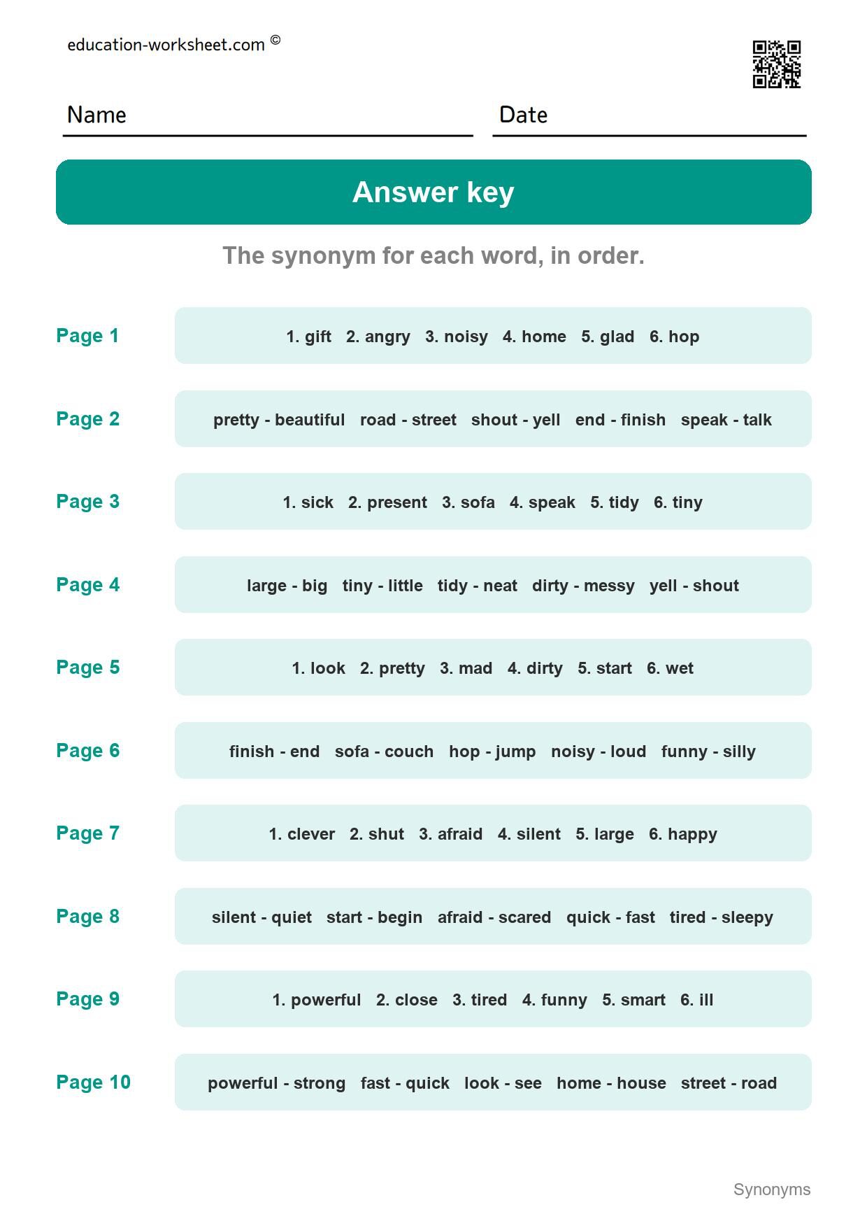Answer key - all 10 pages - Free Synonyms Worksheets for Kindergarten - Same Meaning Words