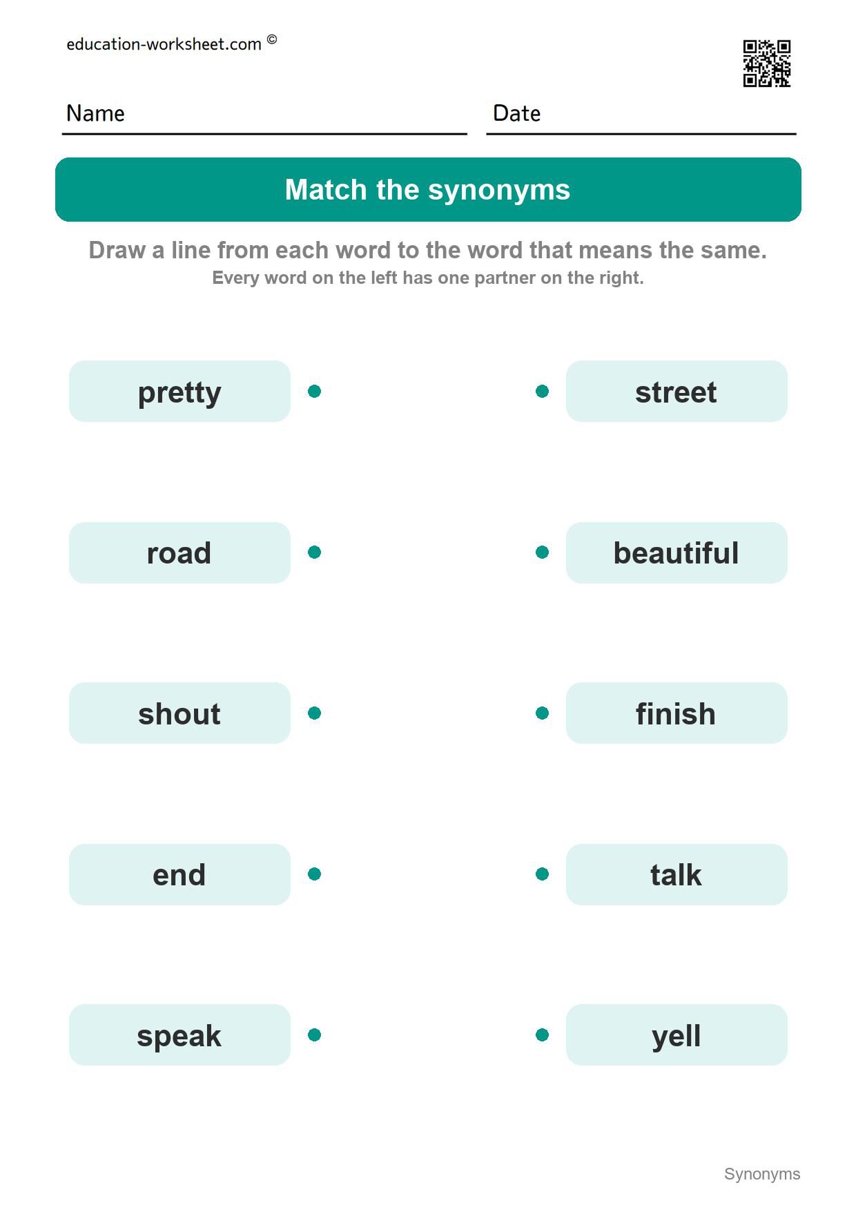 Match the synonyms (Set 2) - Free Synonyms Worksheets for Kindergarten - Same Meaning Words