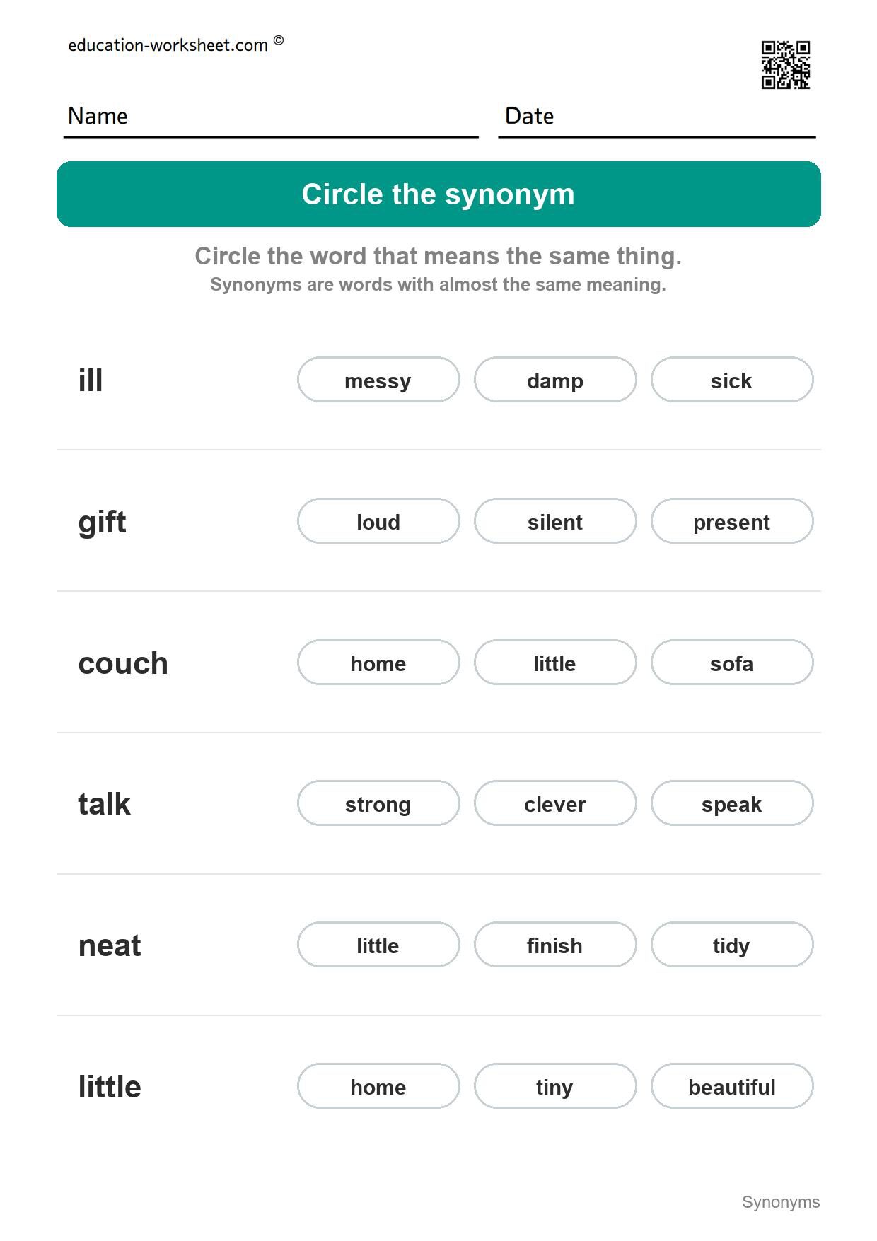 Circle the synonym (Set 3) - Free Synonyms Worksheets for Kindergarten - Same Meaning Words