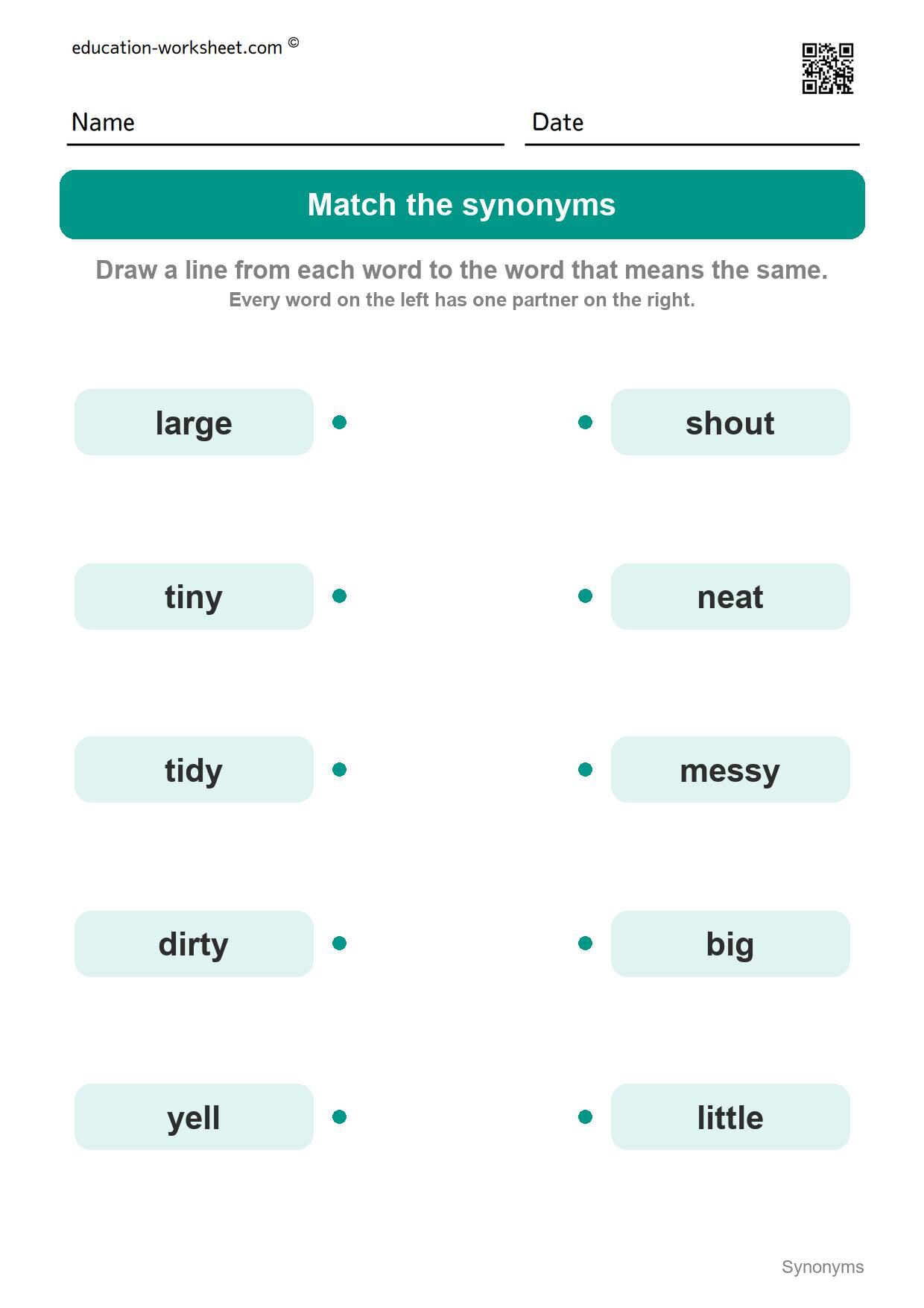 Match the synonyms (Set 4) - Free Synonyms Worksheets for Kindergarten - Same Meaning Words