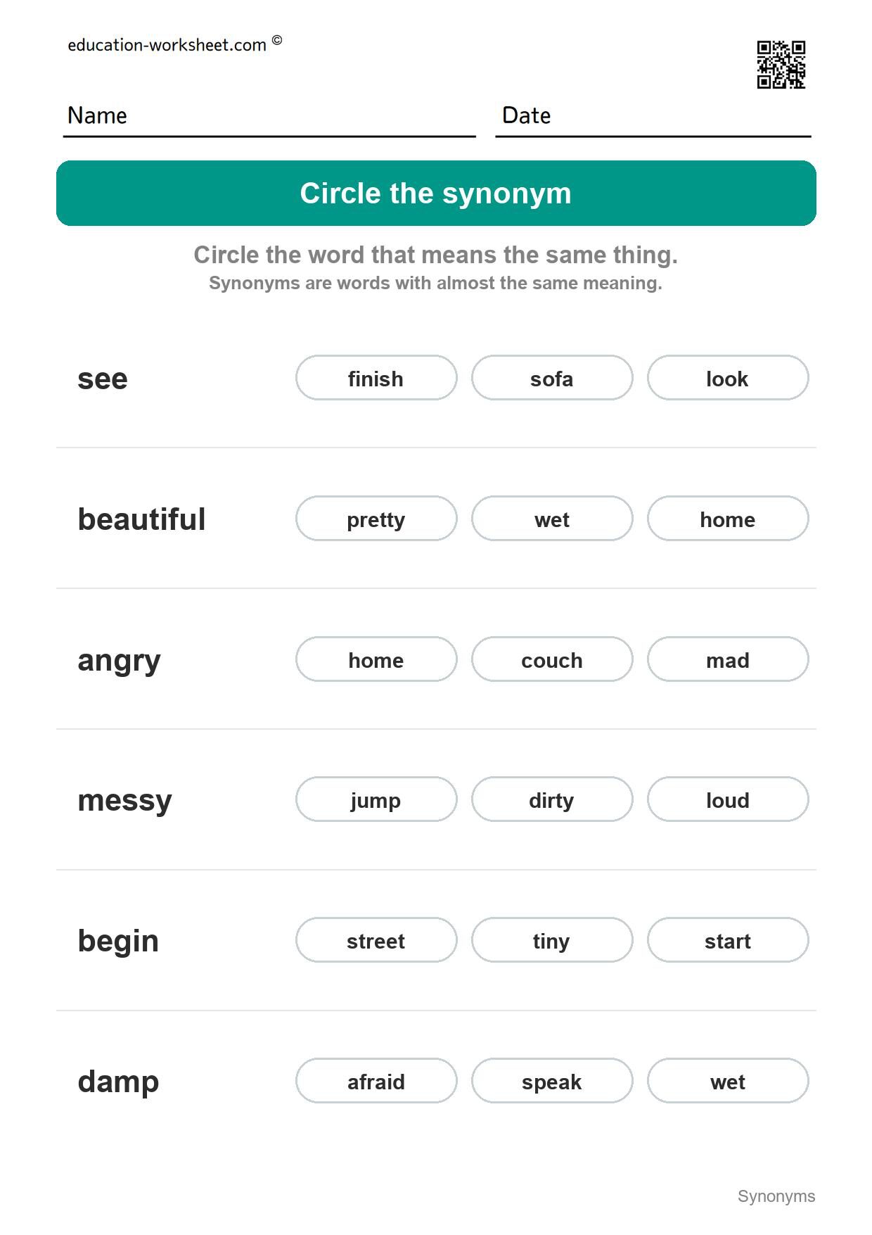 Circle the synonym (Set 5) - Free Synonyms Worksheets for Kindergarten - Same Meaning Words