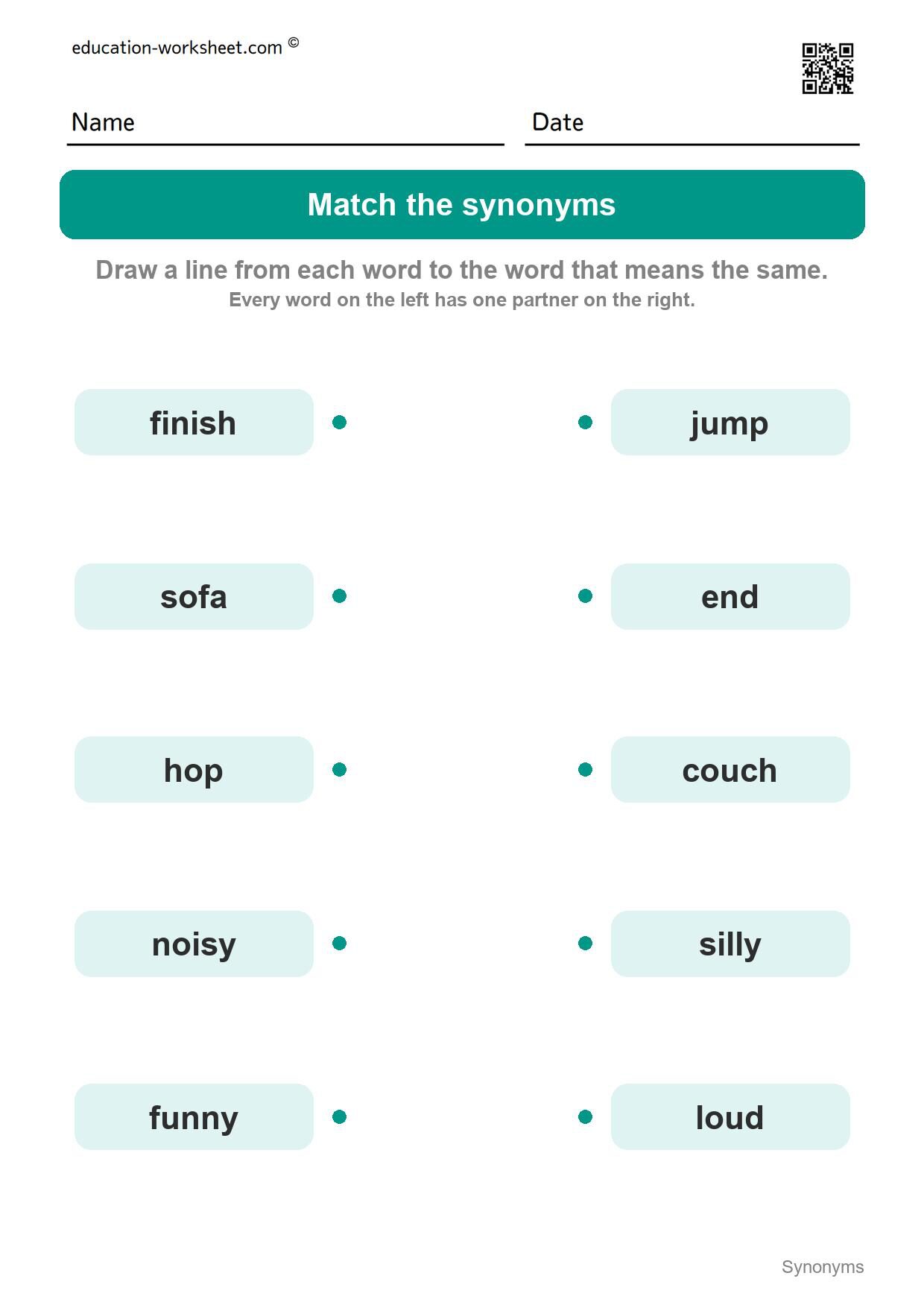Match the synonyms (Set 6) - Free Synonyms Worksheets for Kindergarten - Same Meaning Words