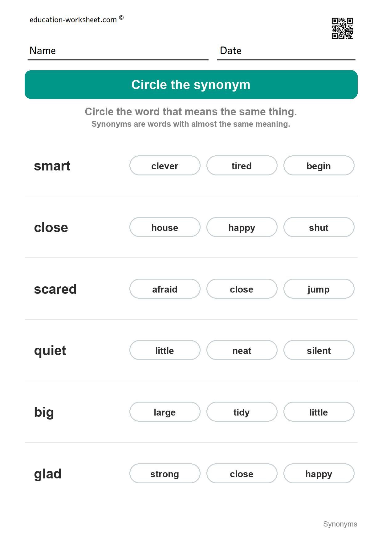 Circle the synonym (Set 7) - Free Synonyms Worksheets for Kindergarten - Same Meaning Words