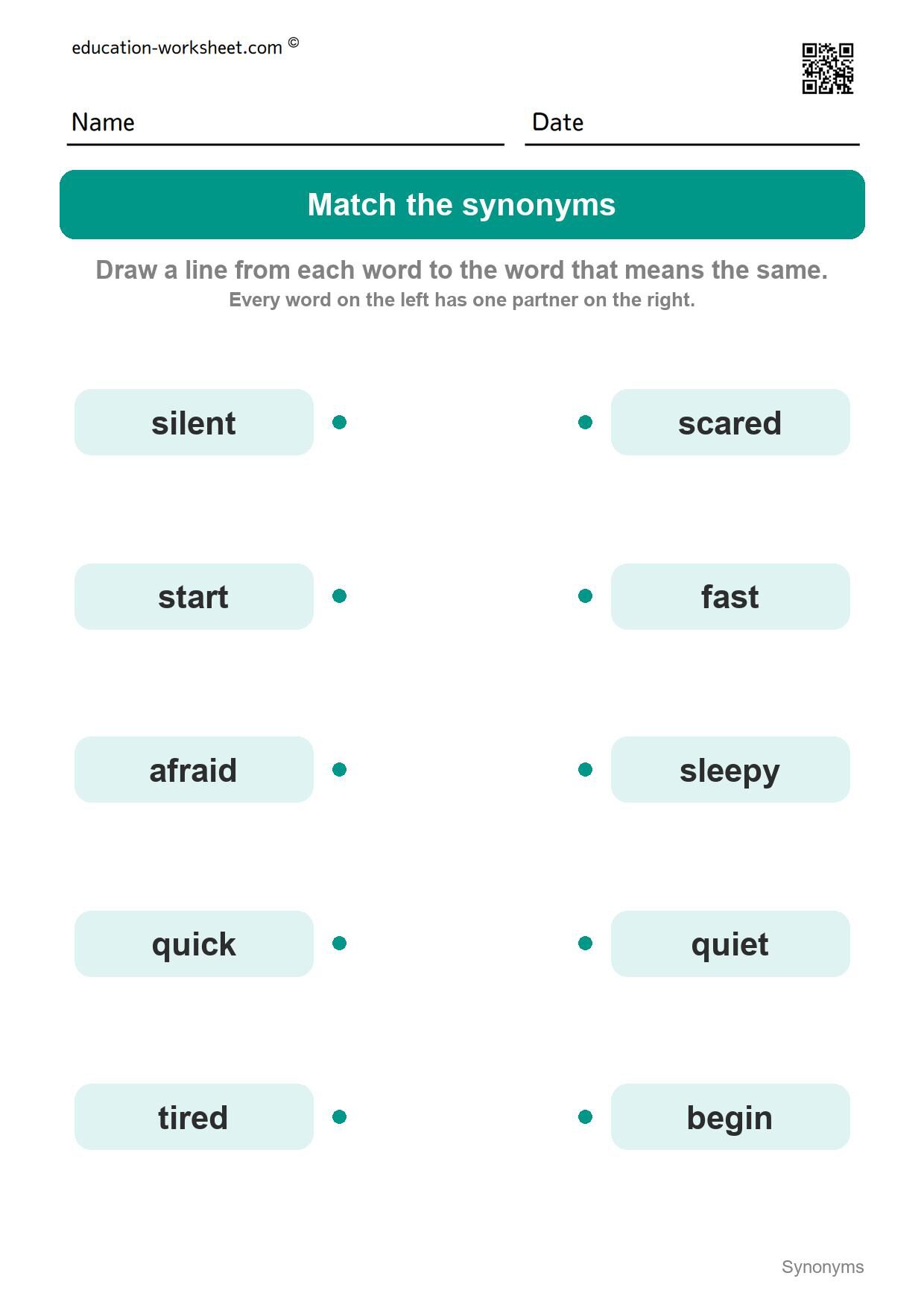 Match the synonyms (Set 8) - Free Synonyms Worksheets for Kindergarten - Same Meaning Words