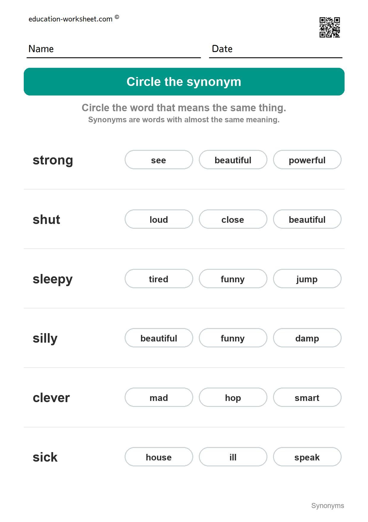 Circle the synonym (Set 9) - Free Synonyms Worksheets for Kindergarten - Same Meaning Words