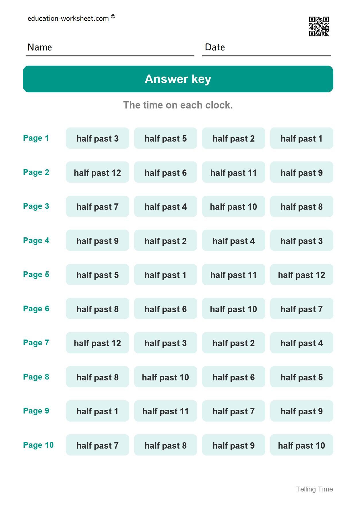 Answer key - all 10 pages - Free Telling Time Worksheets for Kindergarten - Half Past the Hour