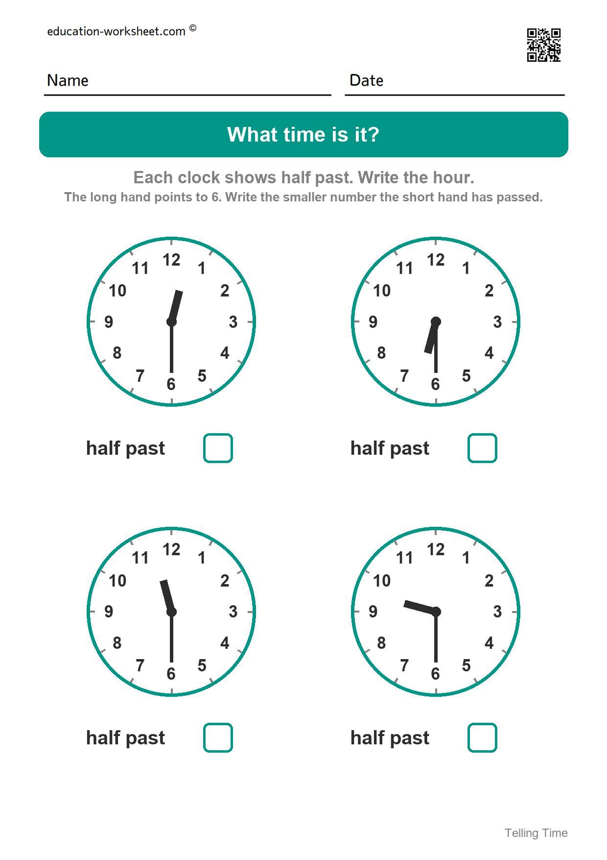 Read half past times (Set 2) - Free Telling Time Worksheets for Kindergarten - Half Past the Hour
