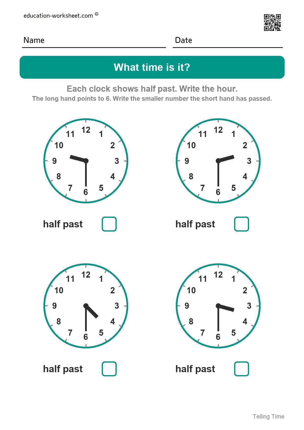 Read half past times (Set 4) - Free Telling Time Worksheets for Kindergarten - Half Past the Hour