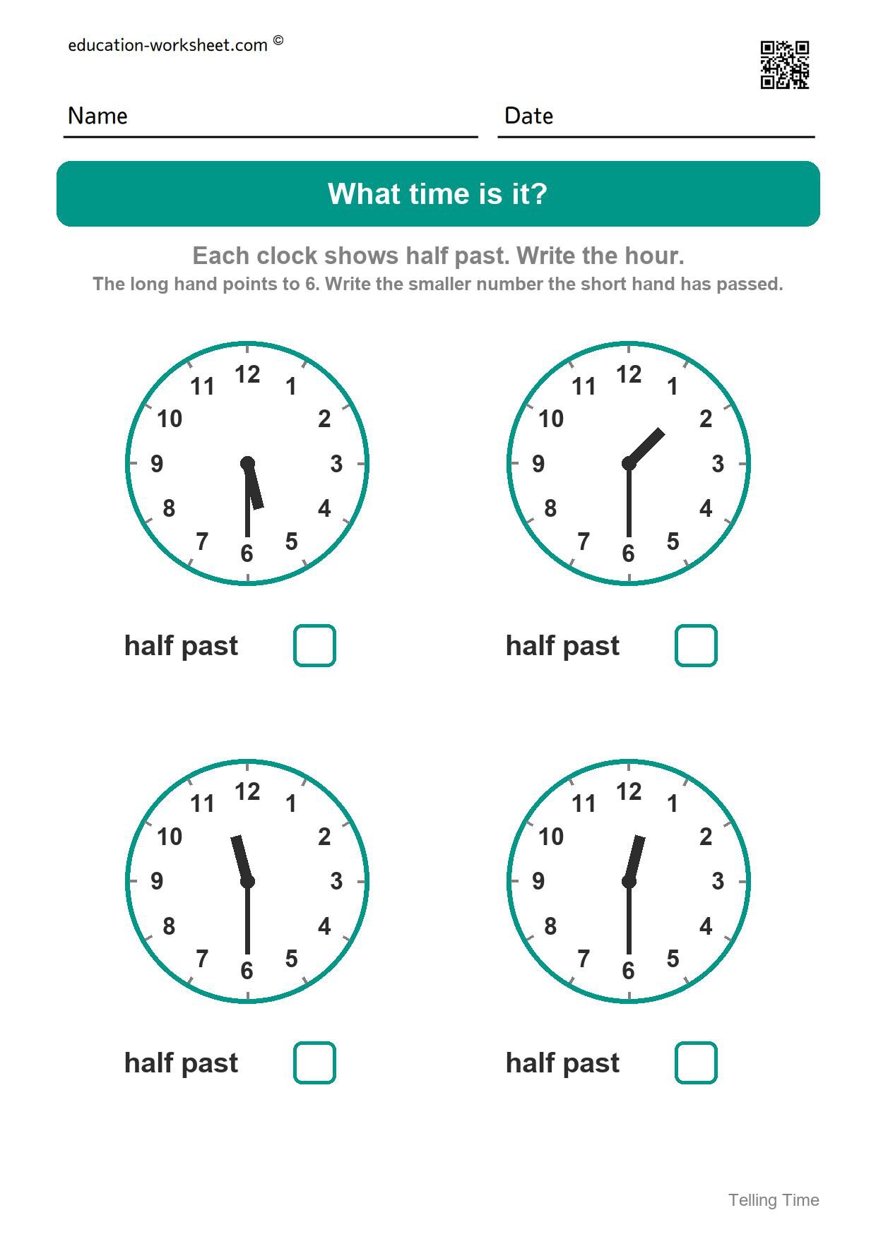 Read half past times (Set 5) - Free Telling Time Worksheets for Kindergarten - Half Past the Hour
