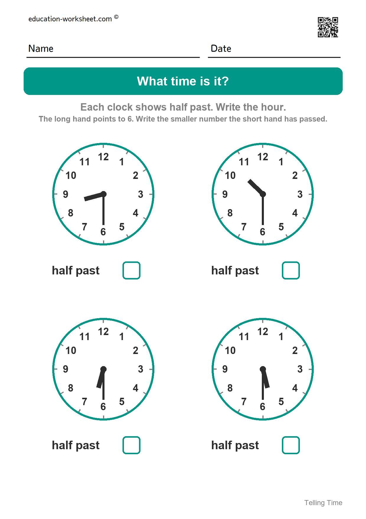 Read half past times (Set 8) - Free Telling Time Worksheets for Kindergarten - Half Past the Hour