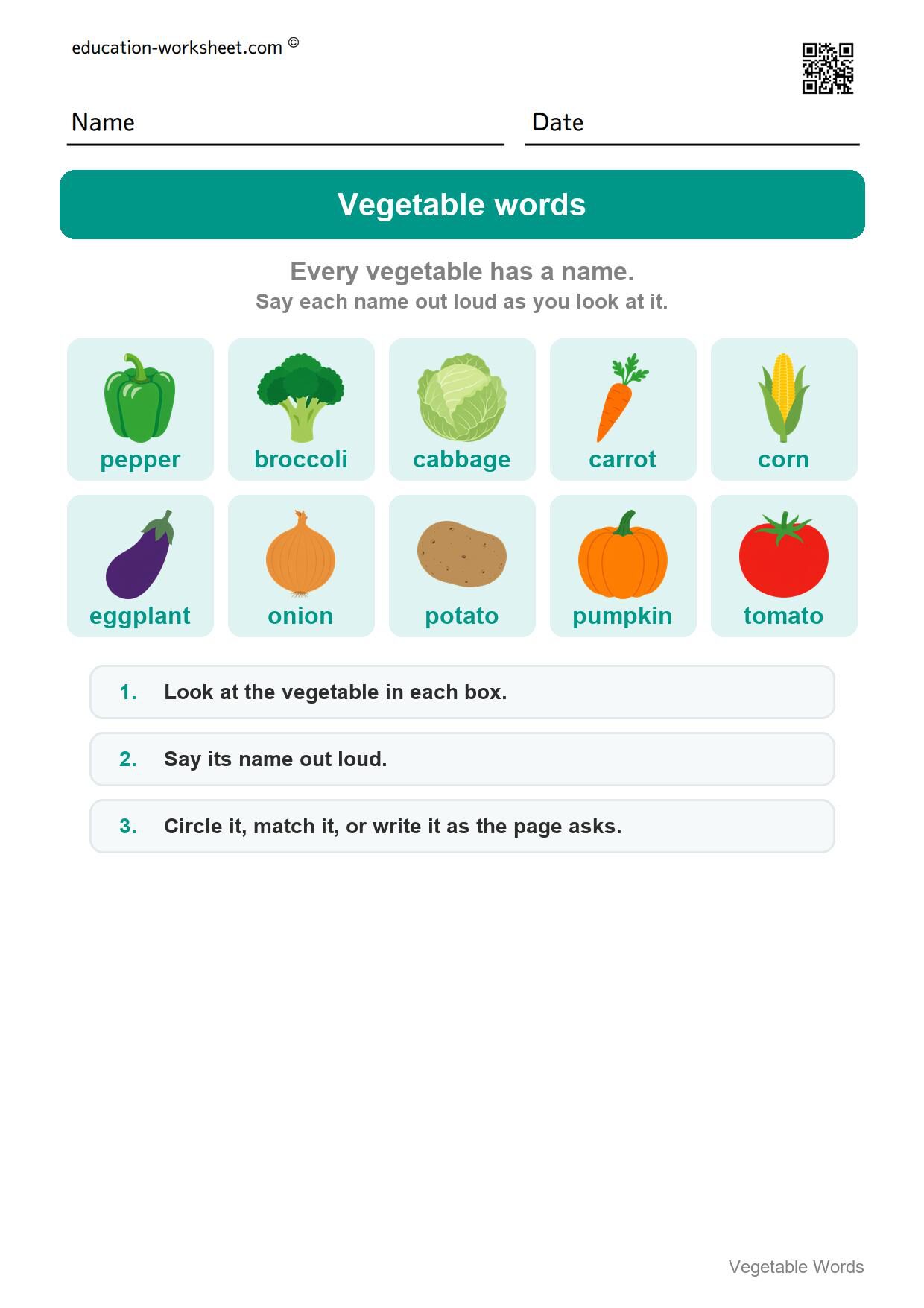 How to use this worksheet - Free Vegetable Words Worksheets for Kindergarten - Read and Write