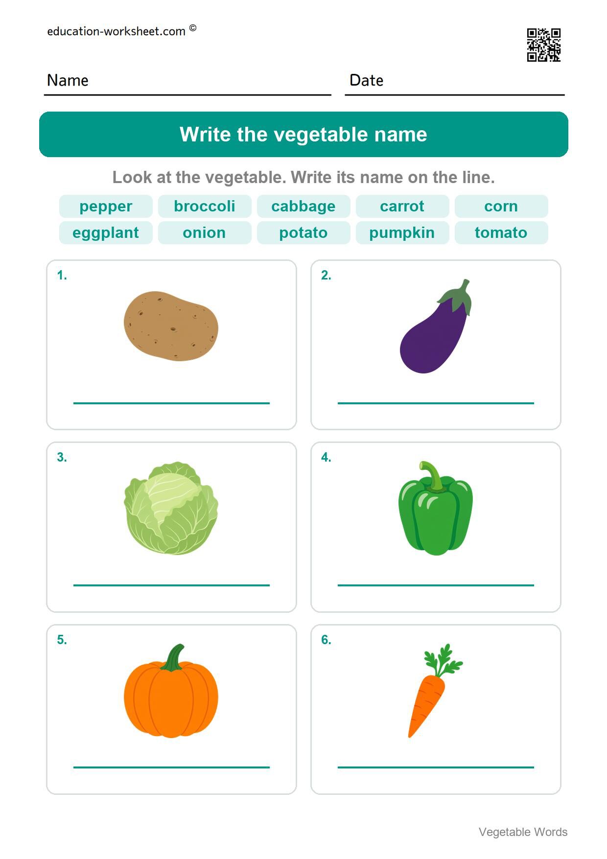 Write the vegetable name (Set 9) - Free Vegetable Words Worksheets for Kindergarten - Read and Write