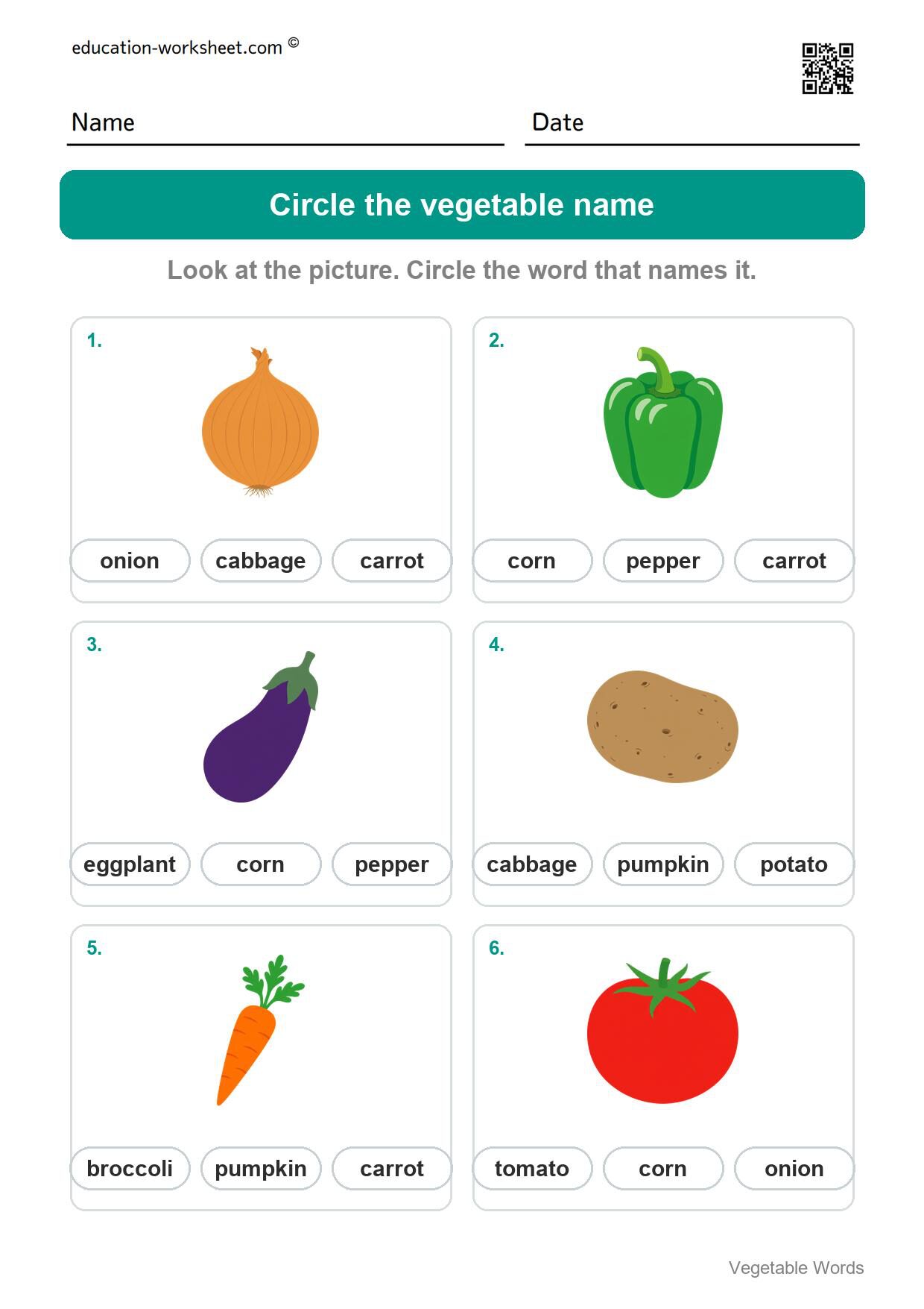 Circle the vegetable name (Set 10) - Free Vegetable Words Worksheets for Kindergarten - Read and Write