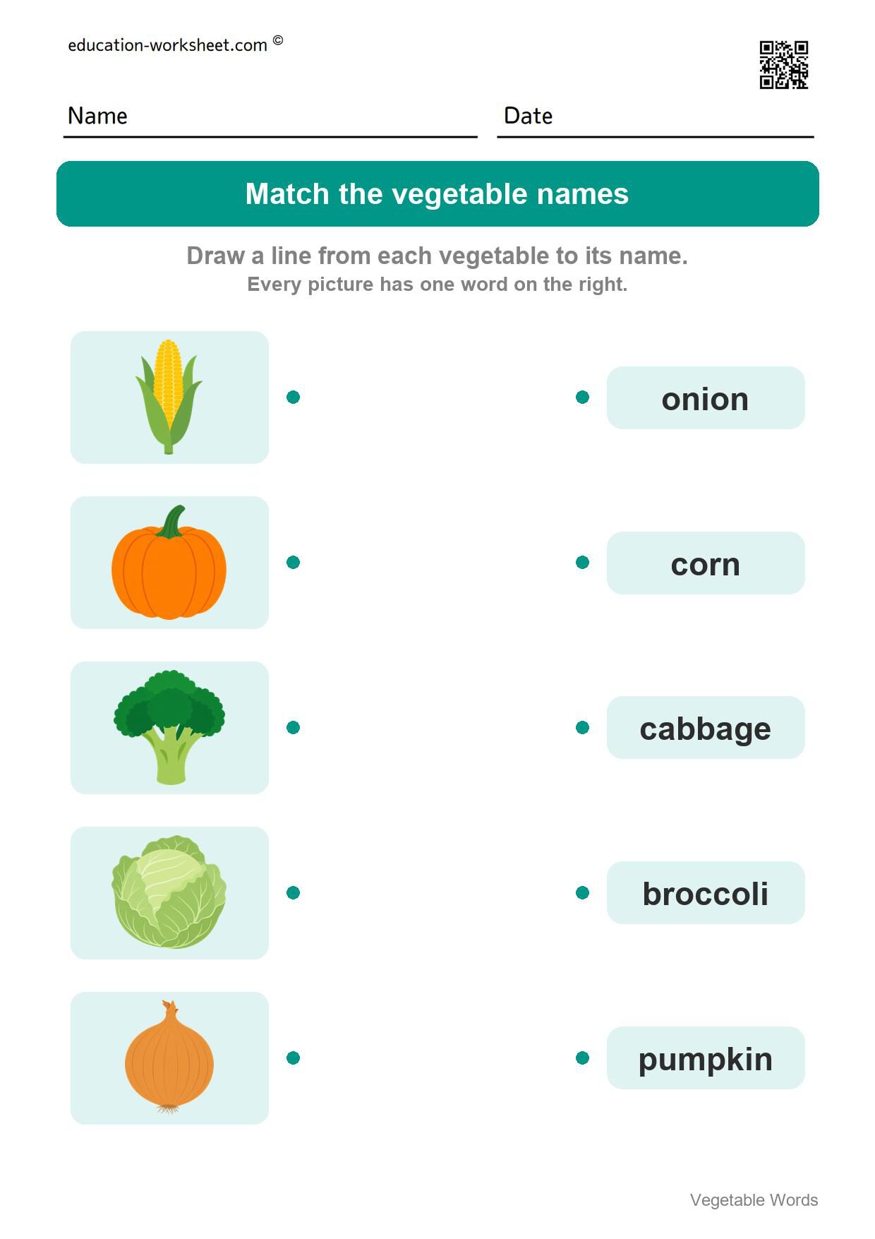 Match the vegetable names (Set 11) - Free Vegetable Words Worksheets for Kindergarten - Read and Write