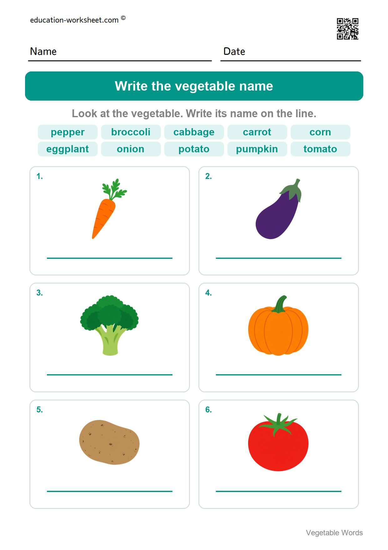 Write the vegetable name (Set 12) - Free Vegetable Words Worksheets for Kindergarten - Read and Write