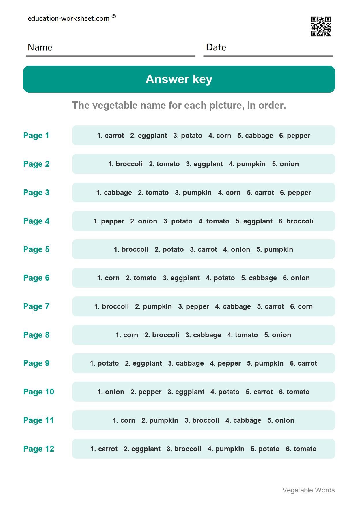 Answer key - all 12 pages - Free Vegetable Words Worksheets for Kindergarten - Read and Write