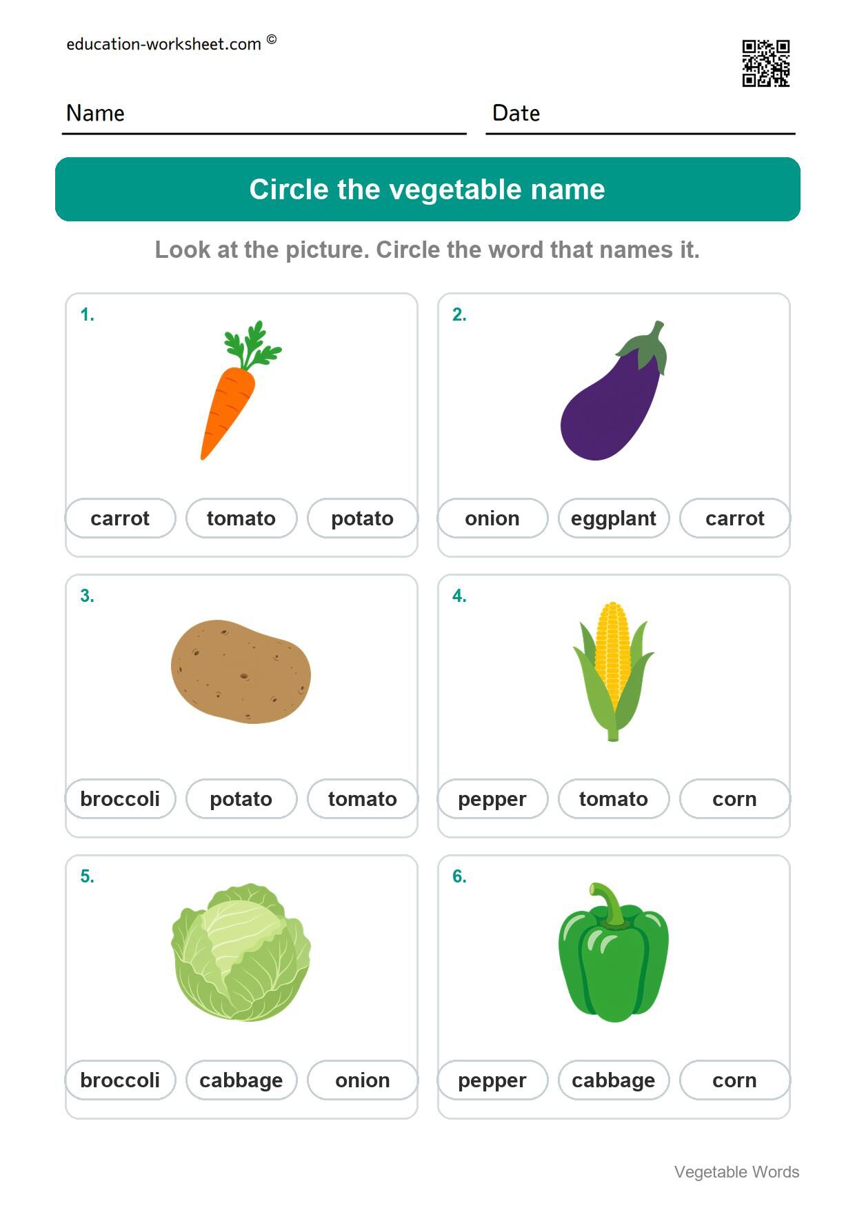 Circle the vegetable name (Set 1) - Free Vegetable Words Worksheets for Kindergarten - Read and Write