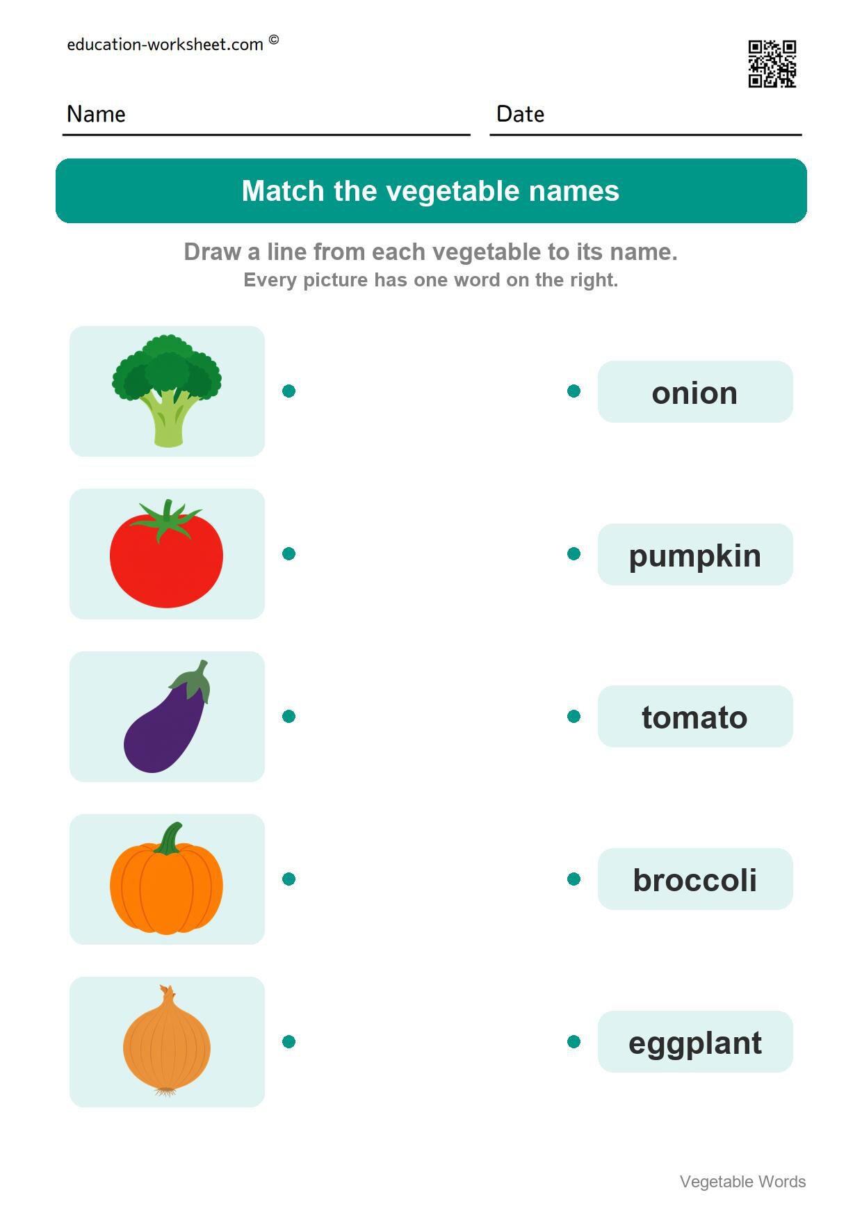 Match the vegetable names (Set 2) - Free Vegetable Words Worksheets for Kindergarten - Read and Write