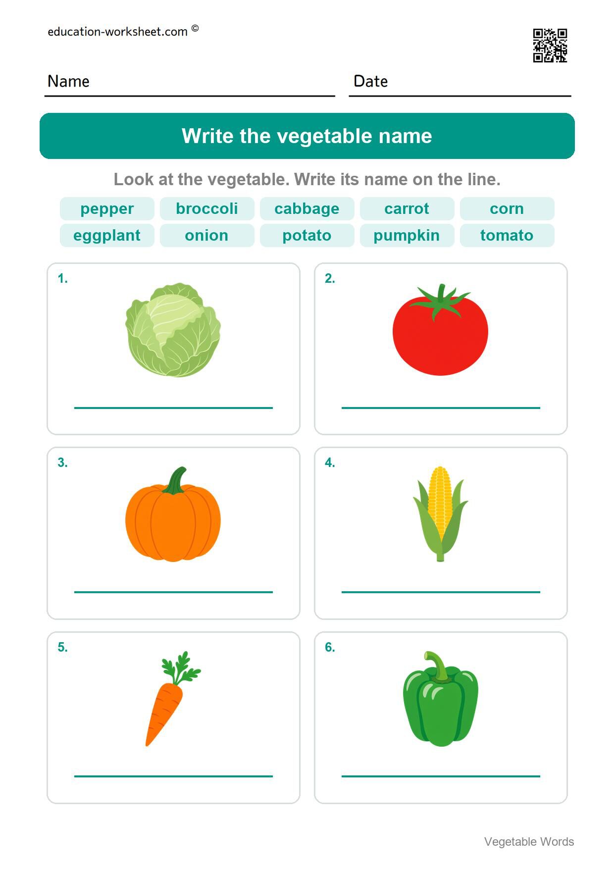 Write the vegetable name (Set 3) - Free Vegetable Words Worksheets for Kindergarten - Read and Write