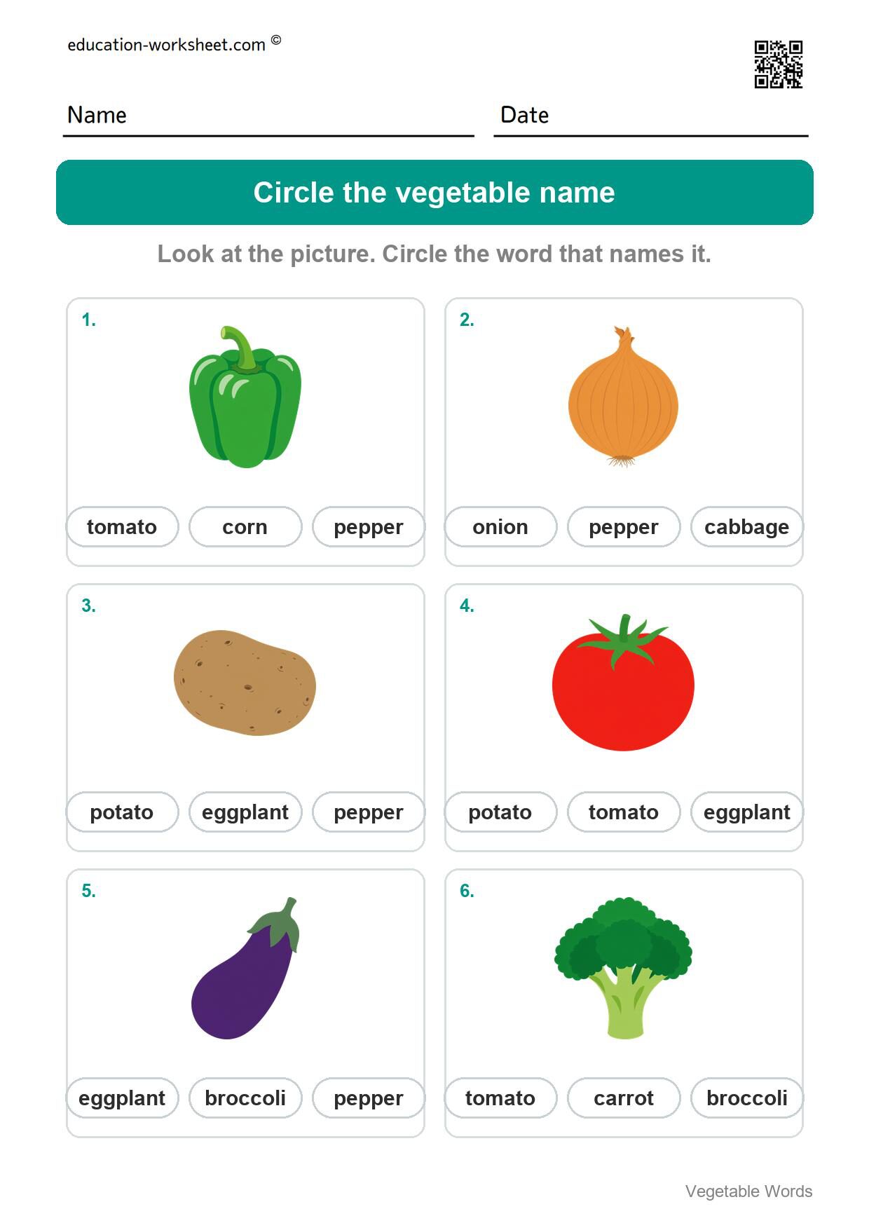 Circle the vegetable name (Set 4) - Free Vegetable Words Worksheets for Kindergarten - Read and Write