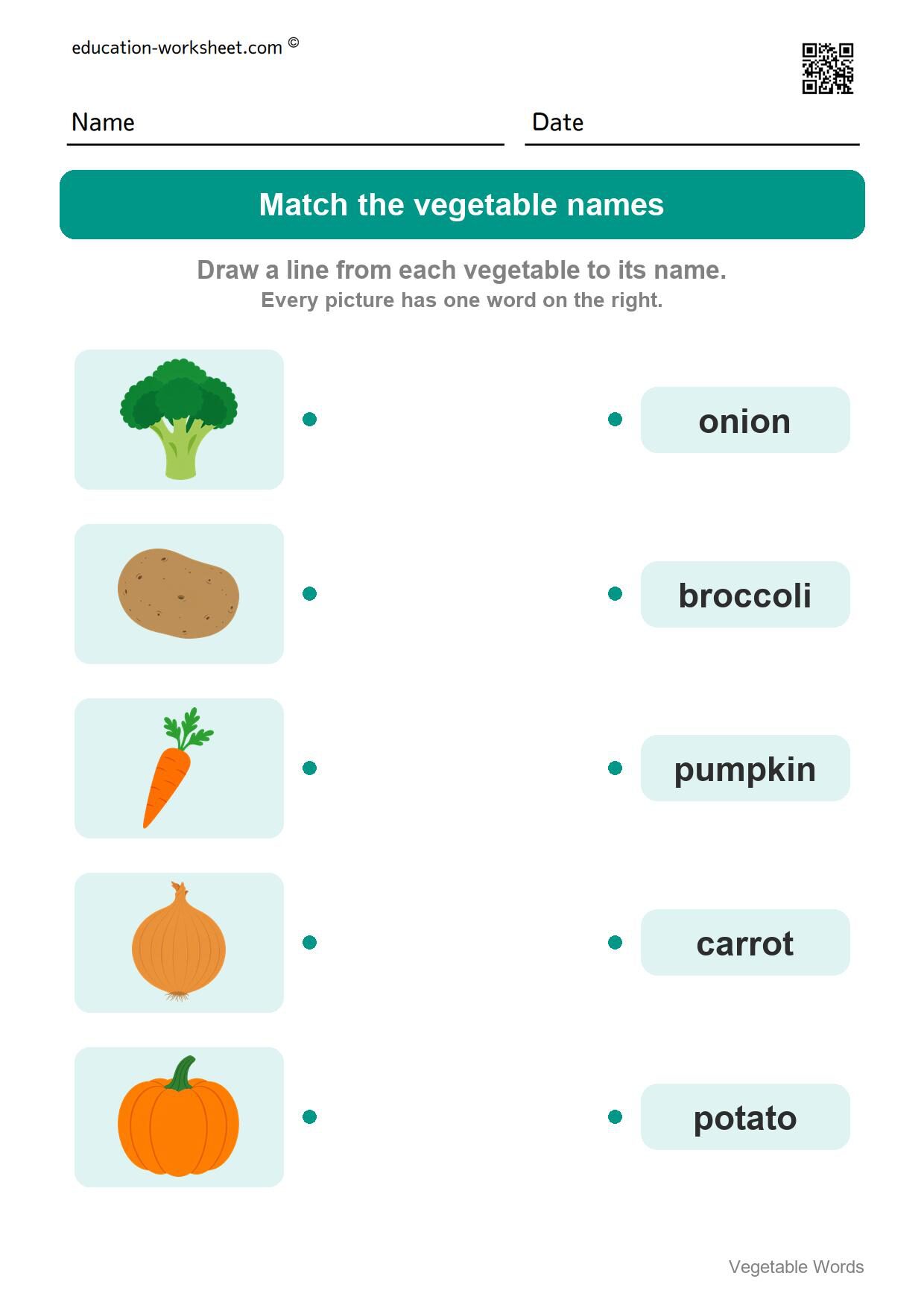 Match the vegetable names (Set 5) - Free Vegetable Words Worksheets for Kindergarten - Read and Write