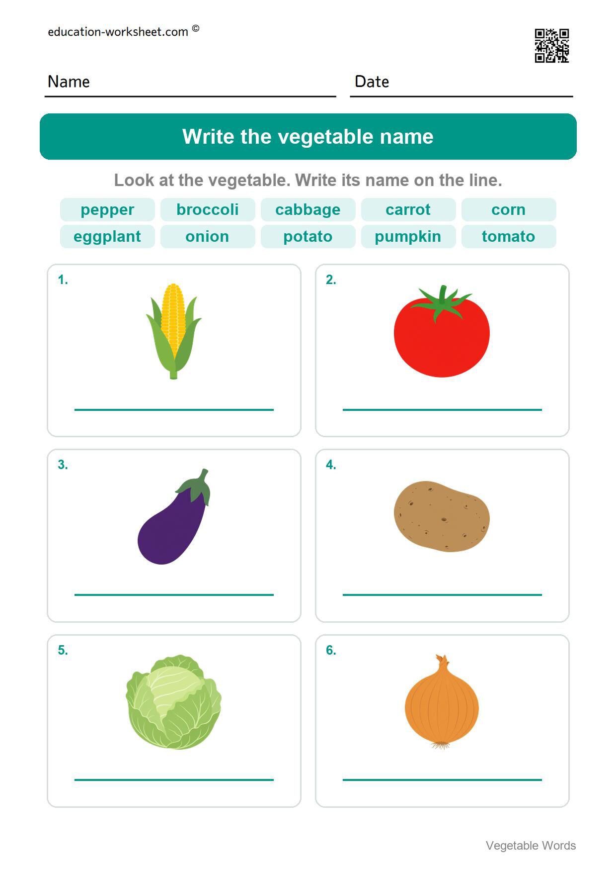 Write the vegetable name (Set 6) - Free Vegetable Words Worksheets for Kindergarten - Read and Write