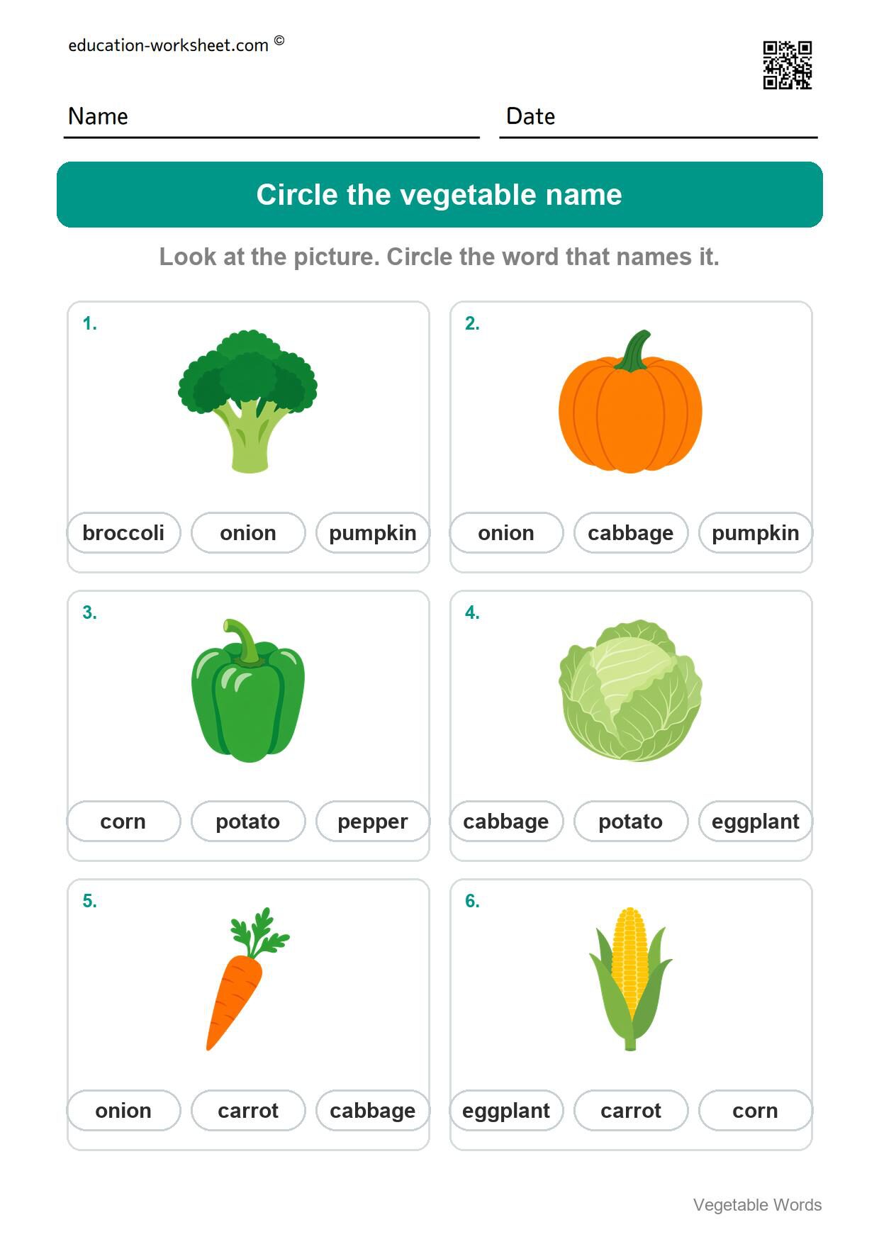 Circle the vegetable name (Set 7) - Free Vegetable Words Worksheets for Kindergarten - Read and Write