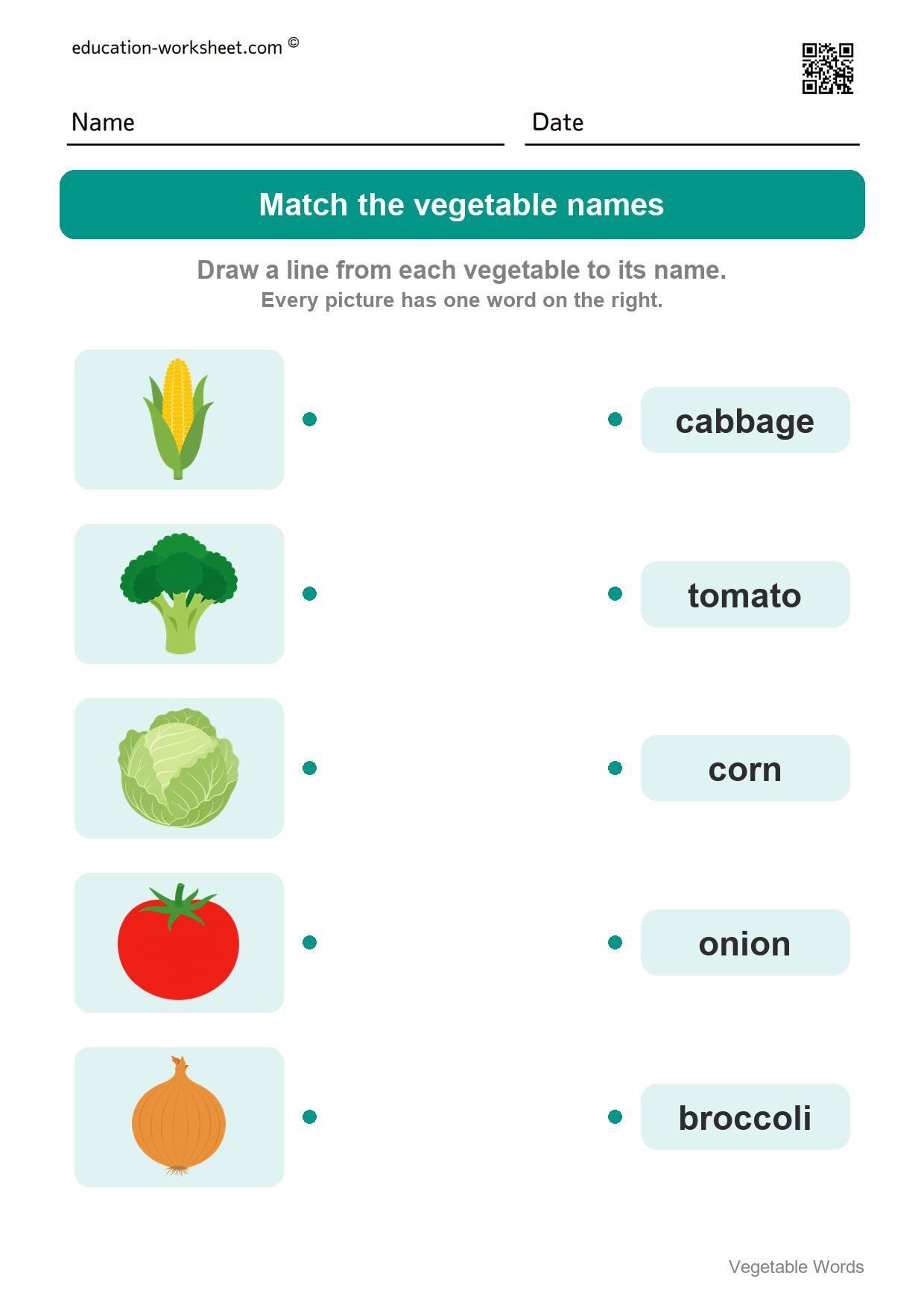 Match the vegetable names (Set 8) - Free Vegetable Words Worksheets for Kindergarten - Read and Write