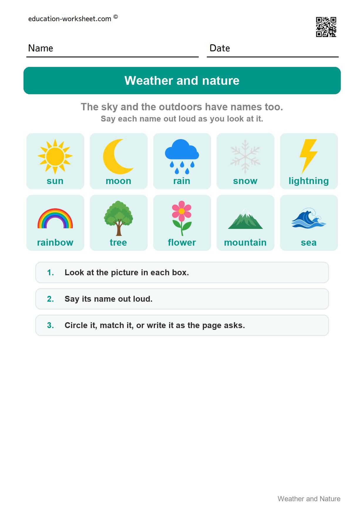 How to use this worksheet - Free Weather and Nature Words Worksheets for Kindergarten